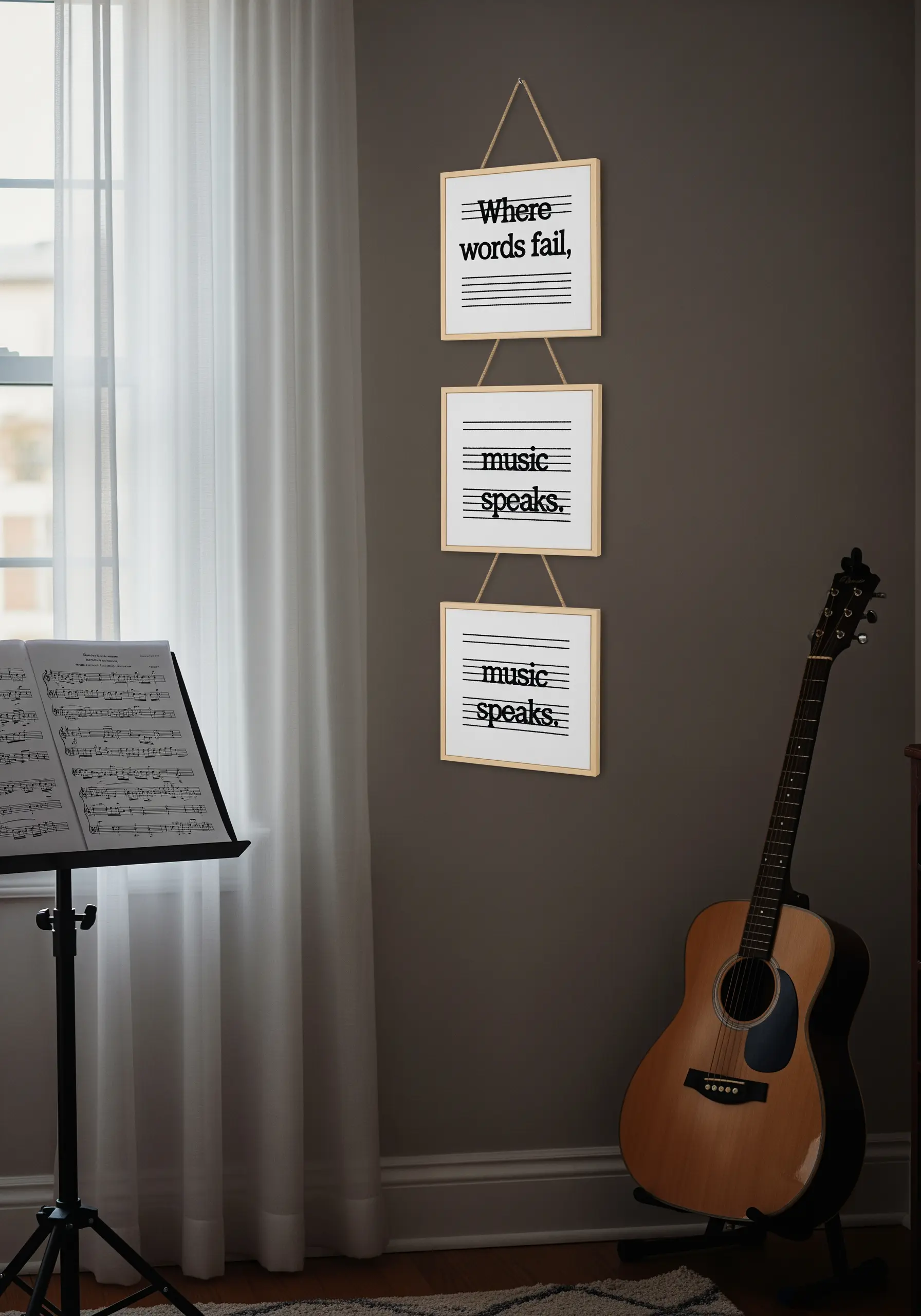 A set of three vertically hung frames, each containing a part of a quote.