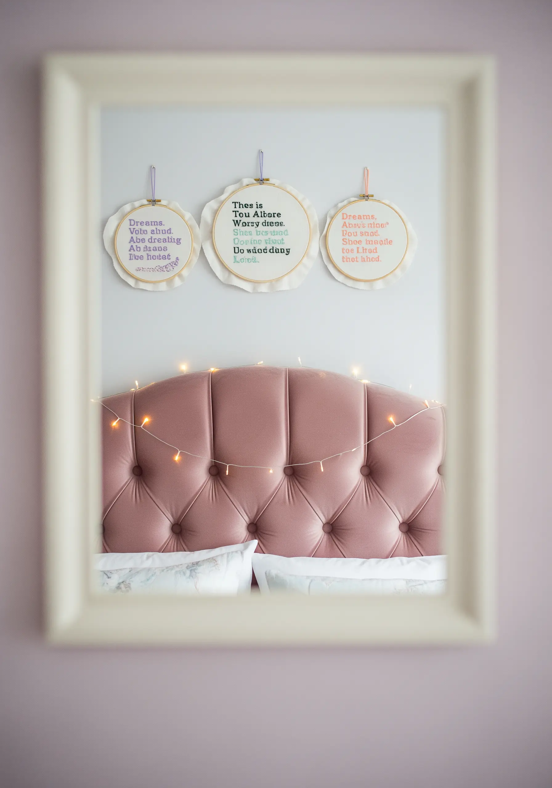 A set of three embroidered quote hoops with decorative scalloped edges above a bed.