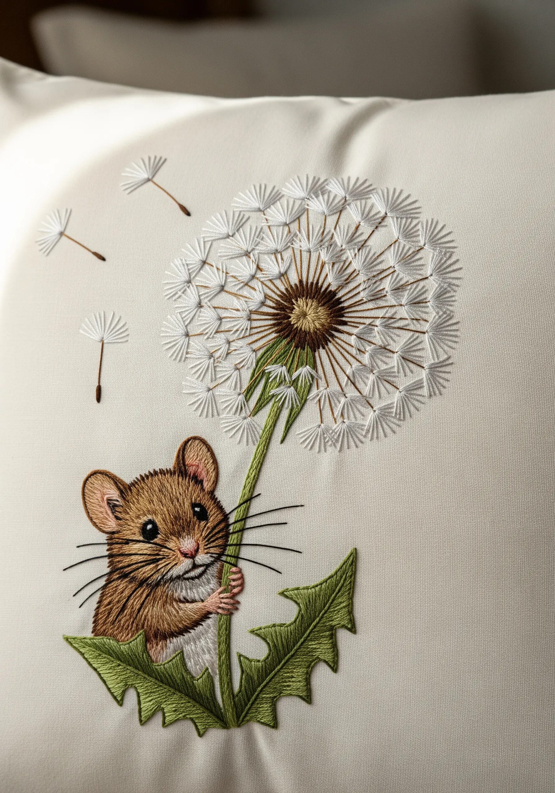 An embroidered mouse holding a large dandelion with seeds blowing away.