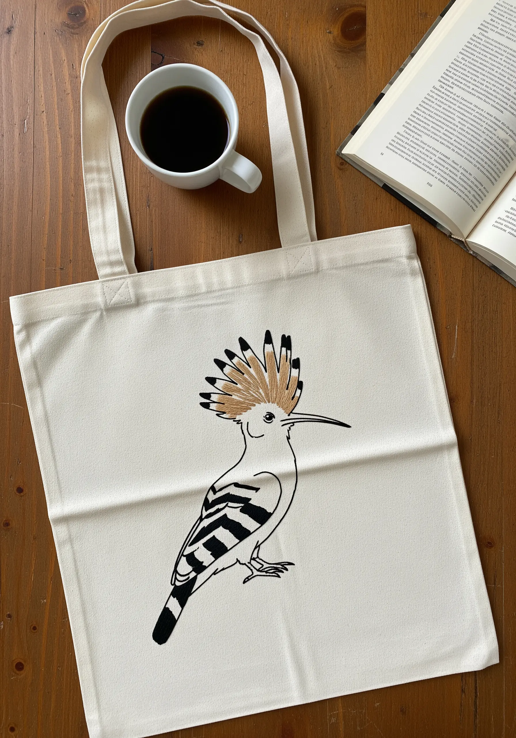 A minimalist line-art embroidery of a hoopoe bird with selectively colored feathers.