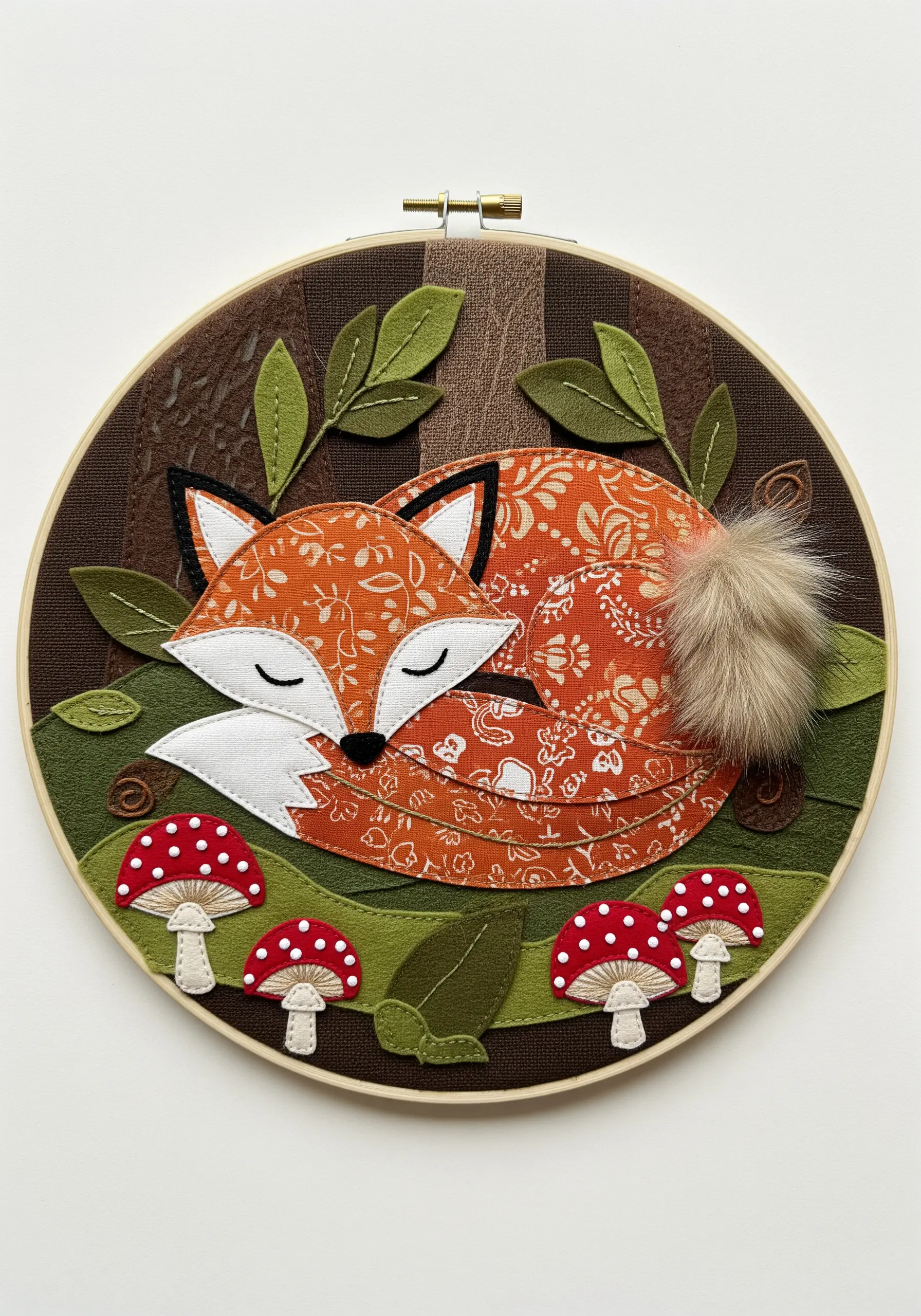 Hoop art of a sleeping fox made from patterned appliqué fabric, felt, and a faux fur tail.