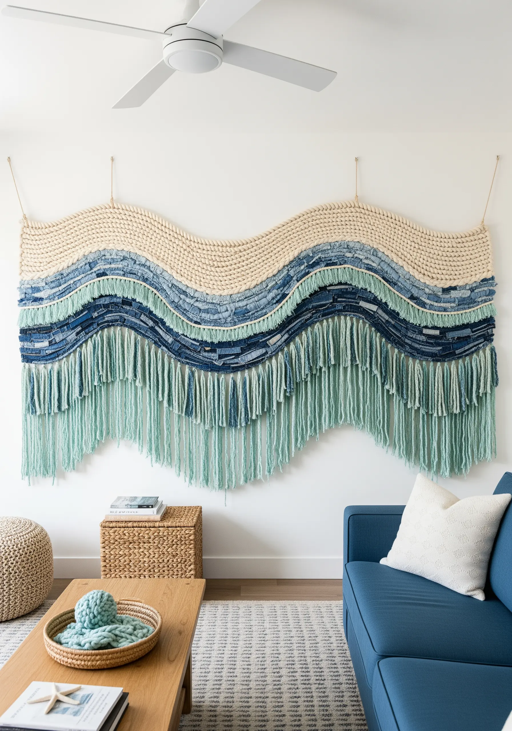 A large woven wall hanging with a wave-like shape, made from strips of recycled denim and yarn.