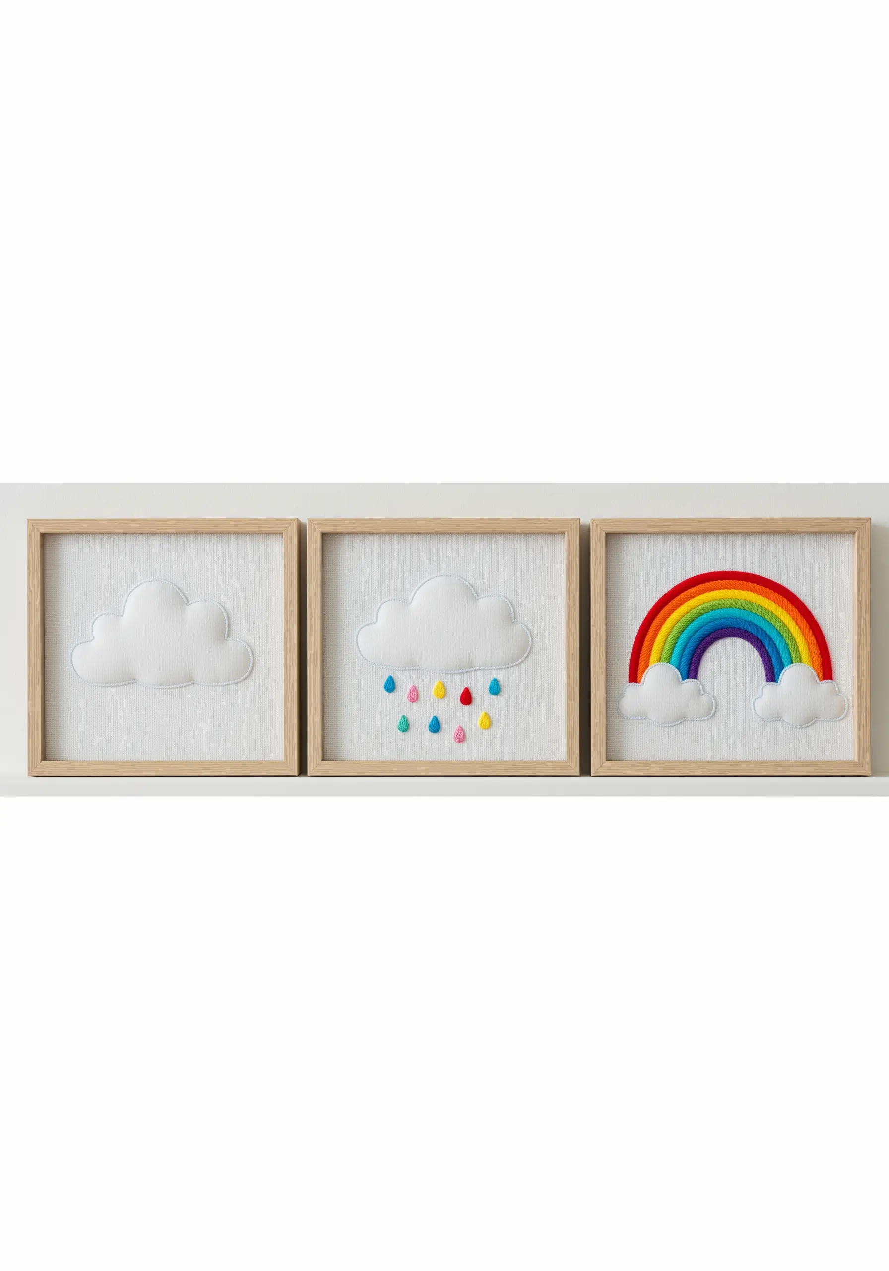 A triptych of framed art showing a cloud, a cloud with raindrops, and a rainbow.