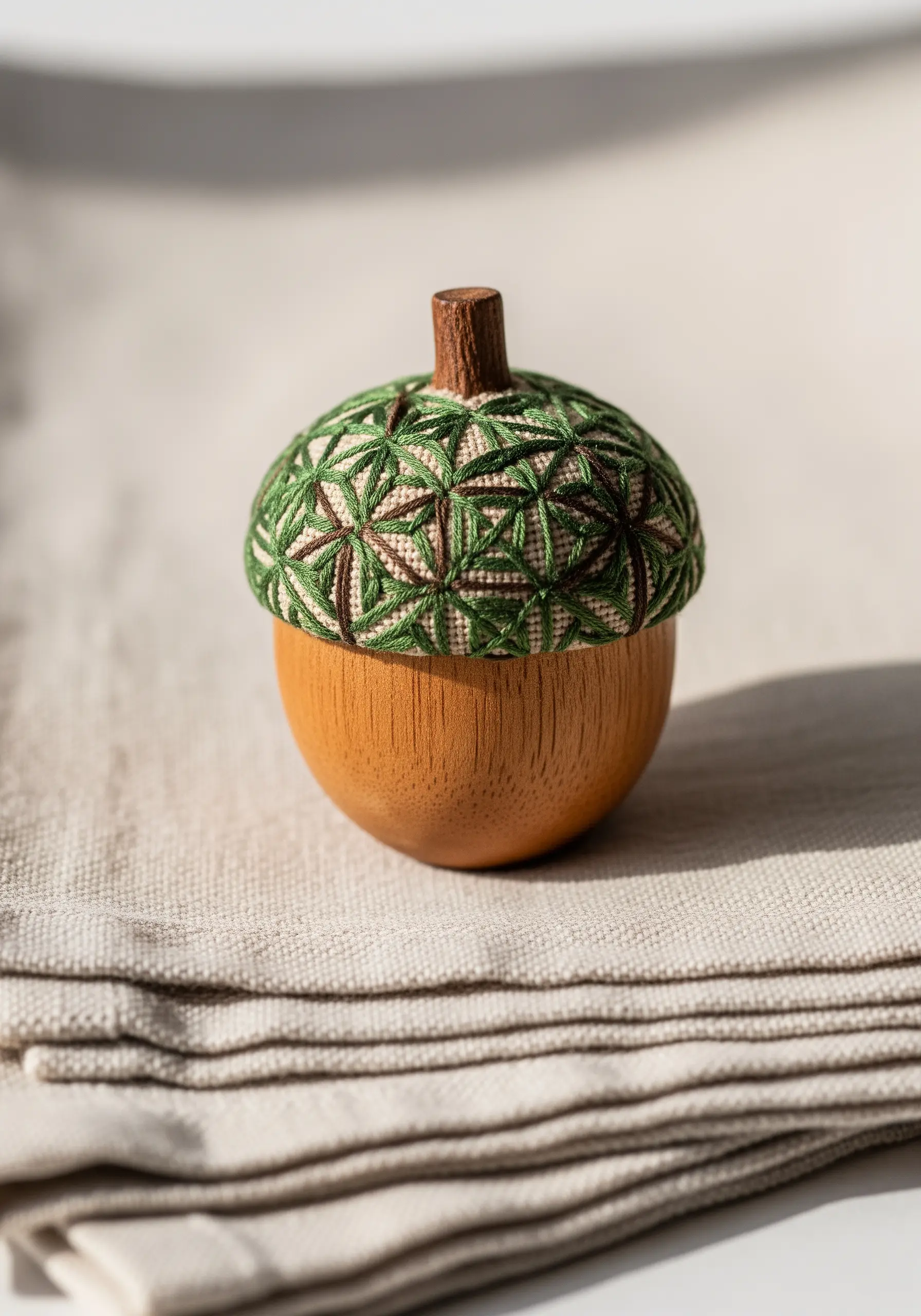 A wooden acorn with its cap covered in a geometric green and brown Temari embroidery pattern.