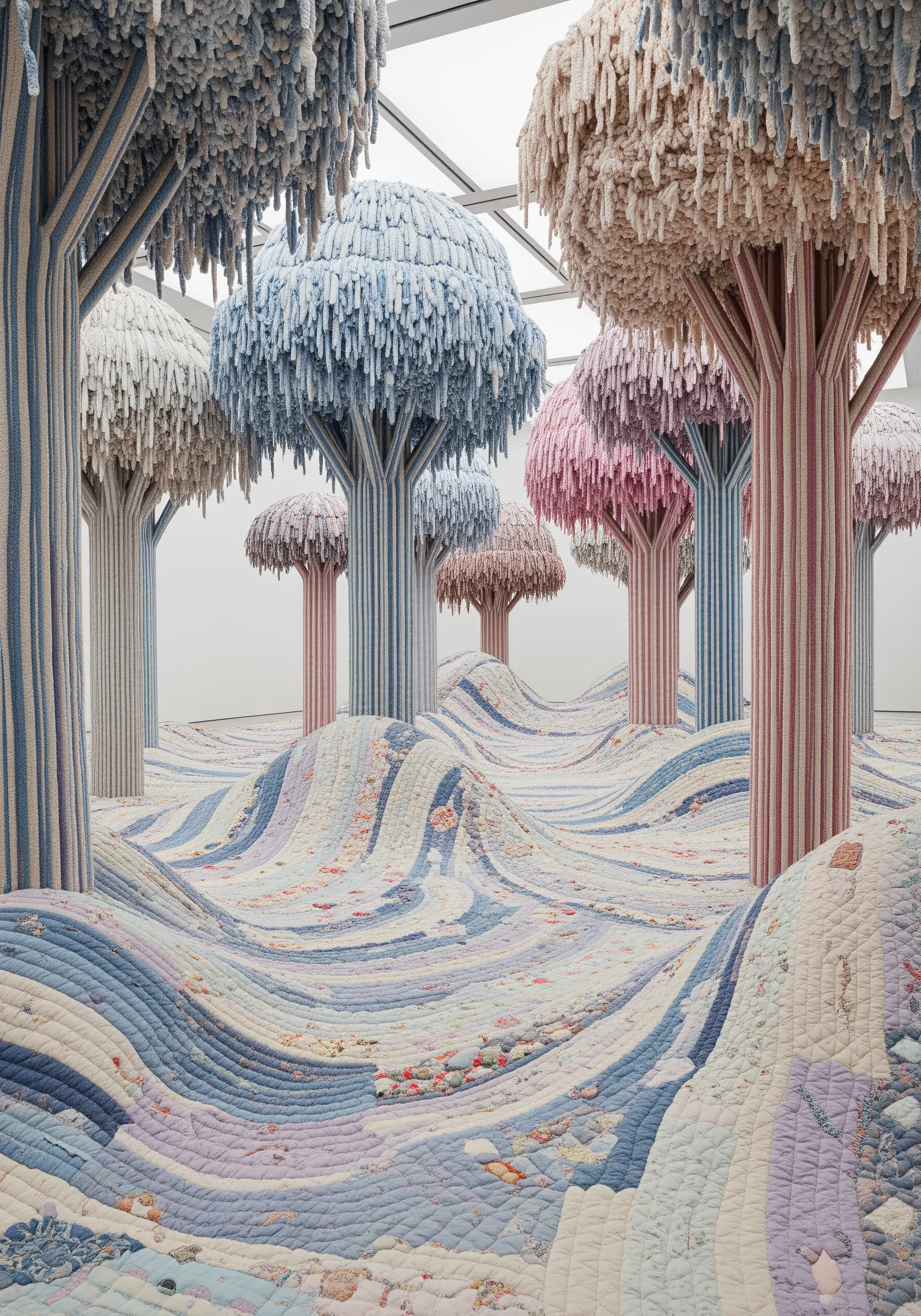 A surreal, immersive landscape made of quilted fabric trees and rolling hills.