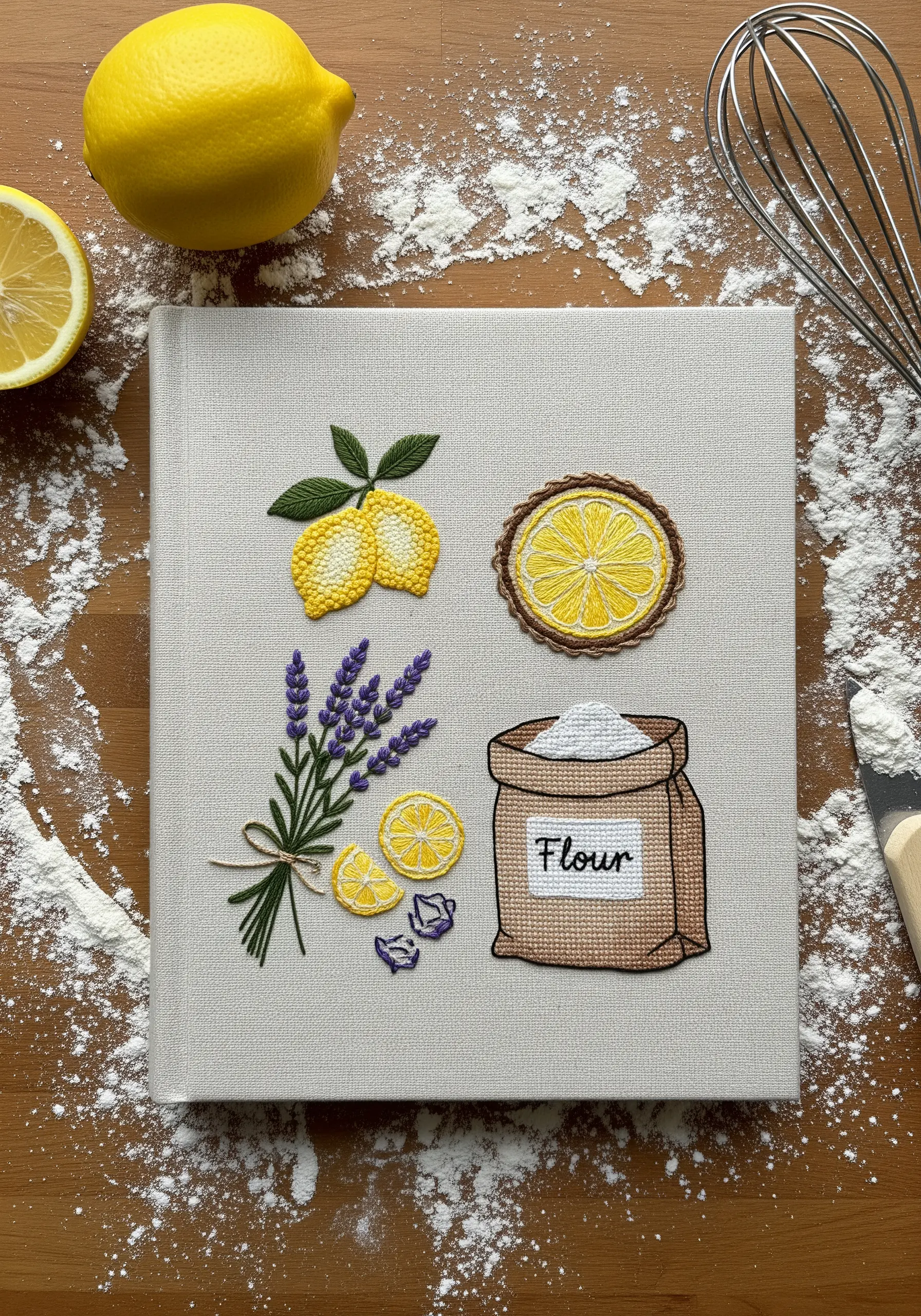 A recipe book with embroidered lemons, lavender, and a sack of flour on a linen cover.