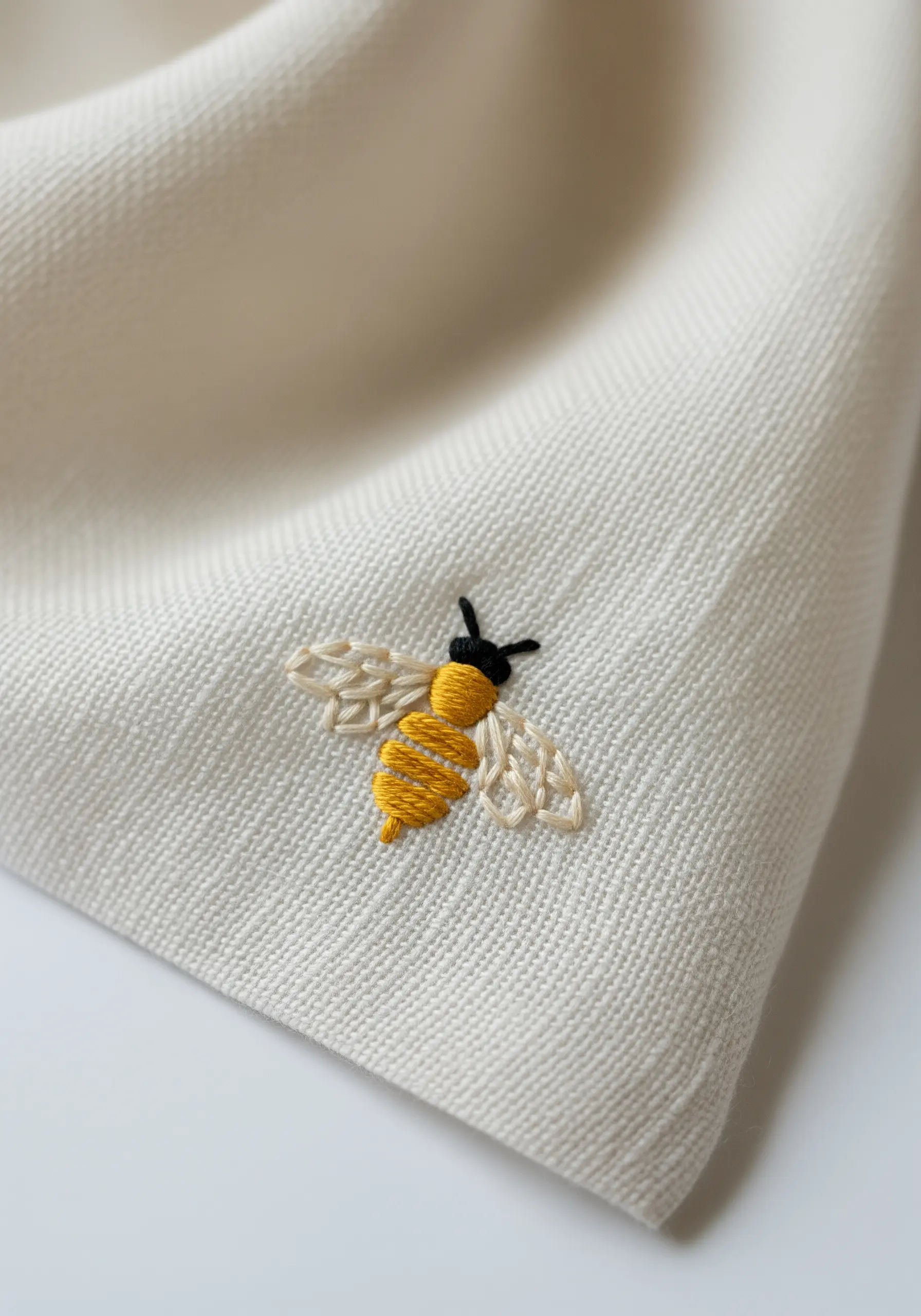 Tiny embroidered bee with textured satin stitch body and open-fill wings.