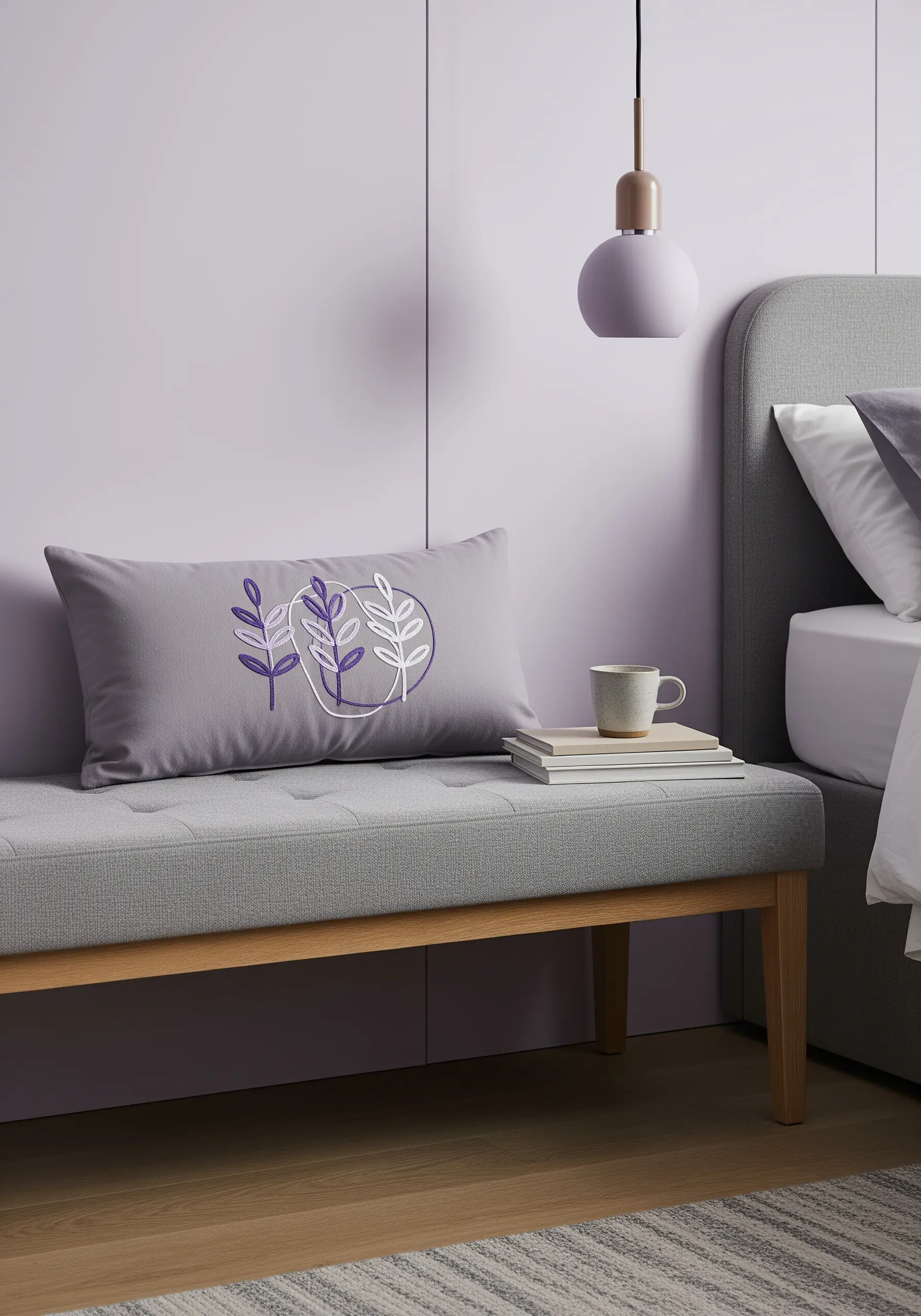 Abstract leaf outlines in white and filled-in leaves in purple on a grey pillow.