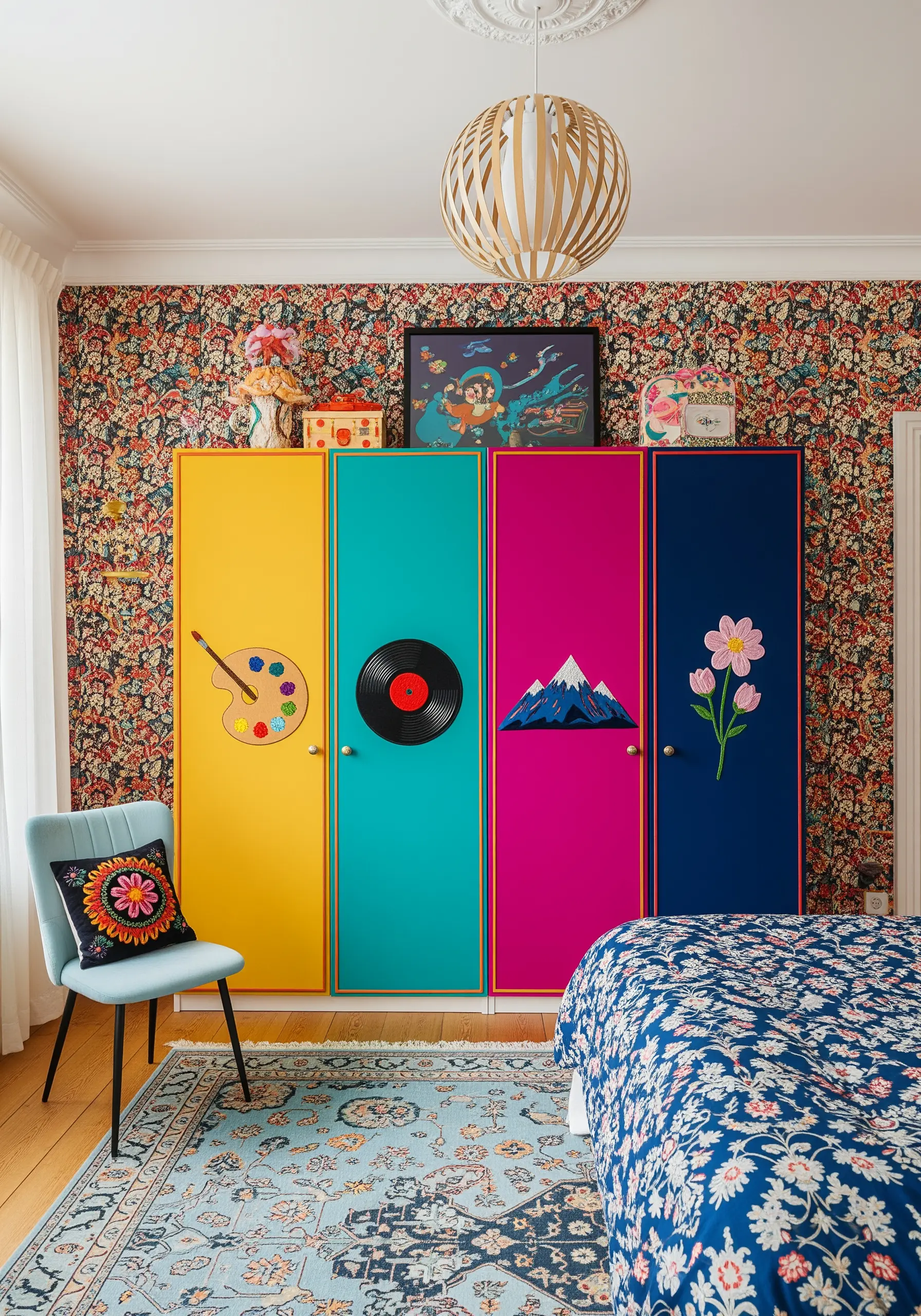 Colorful wardrobe doors decorated with large, embroidered appliqué motifs of a paint palette and a flower.