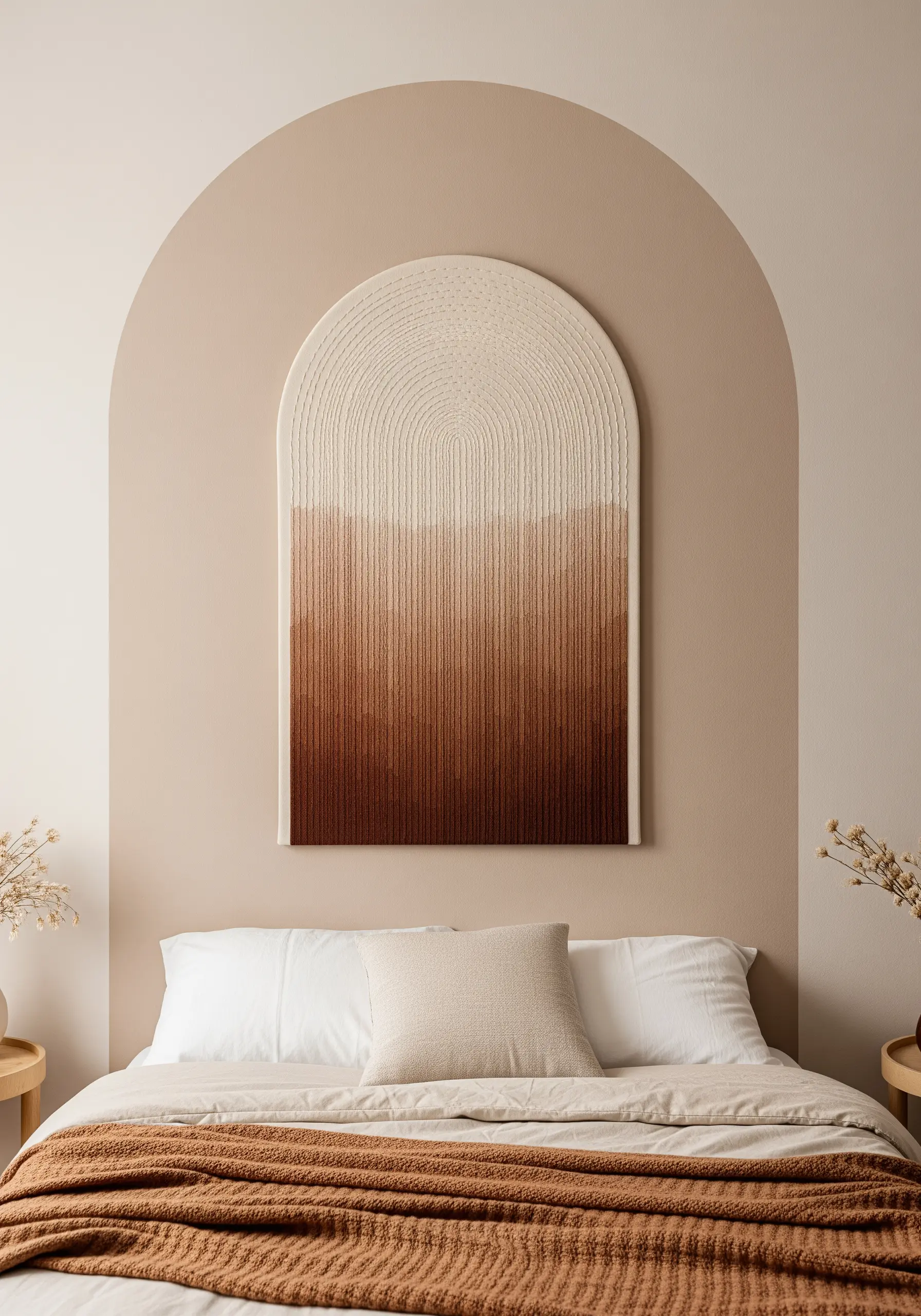 Arched embroidery with a vertical gradient from cream to deep terracotta.