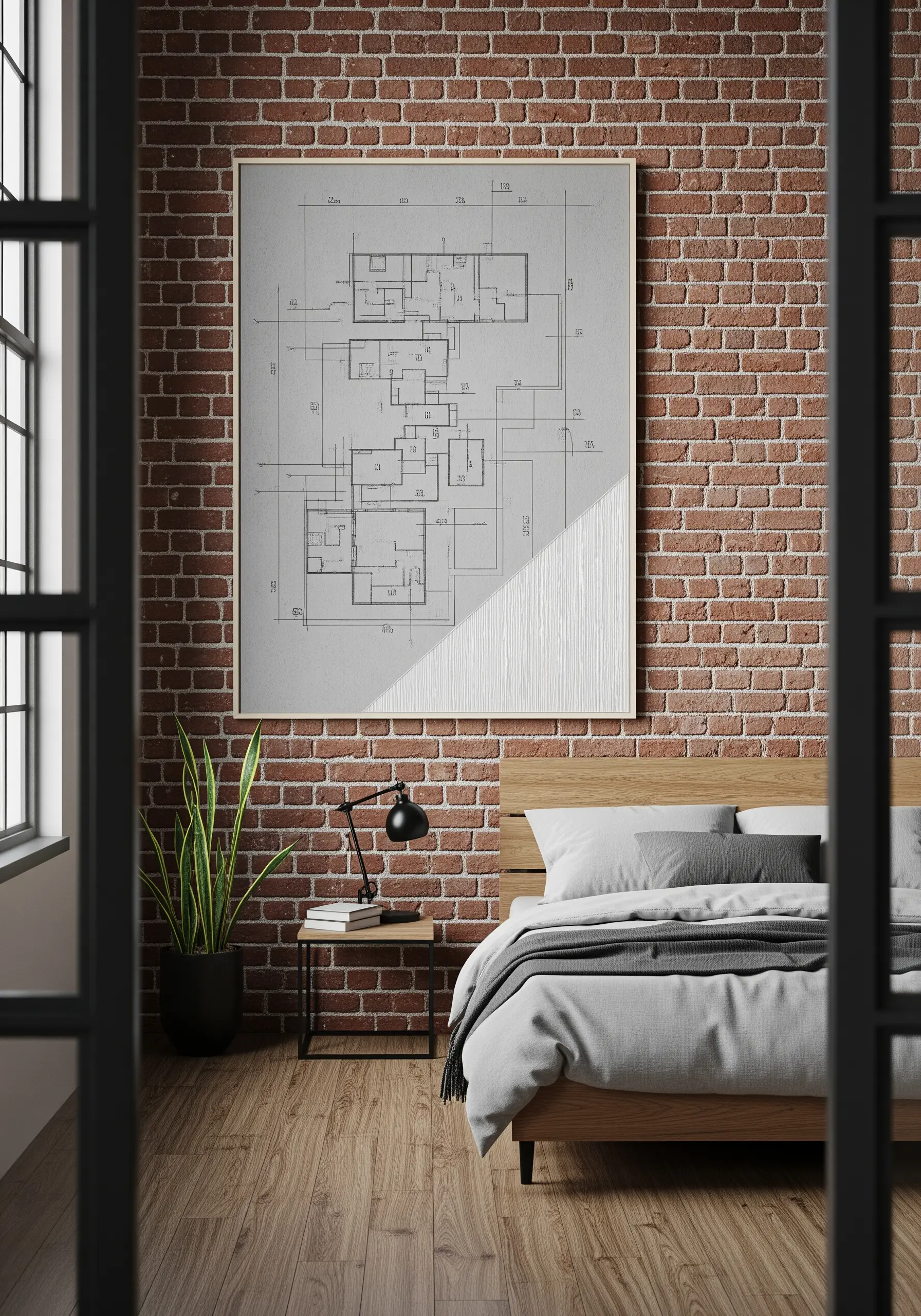 Large framed embroidery of an architectural floor plan in thin black lines.