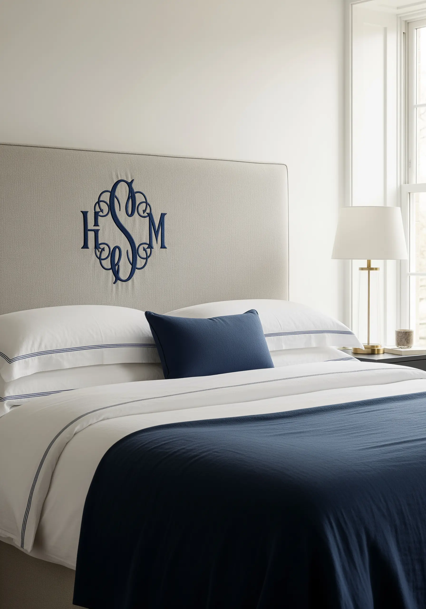 Large navy blue satin-stitched monogram on a beige upholstered headboard.