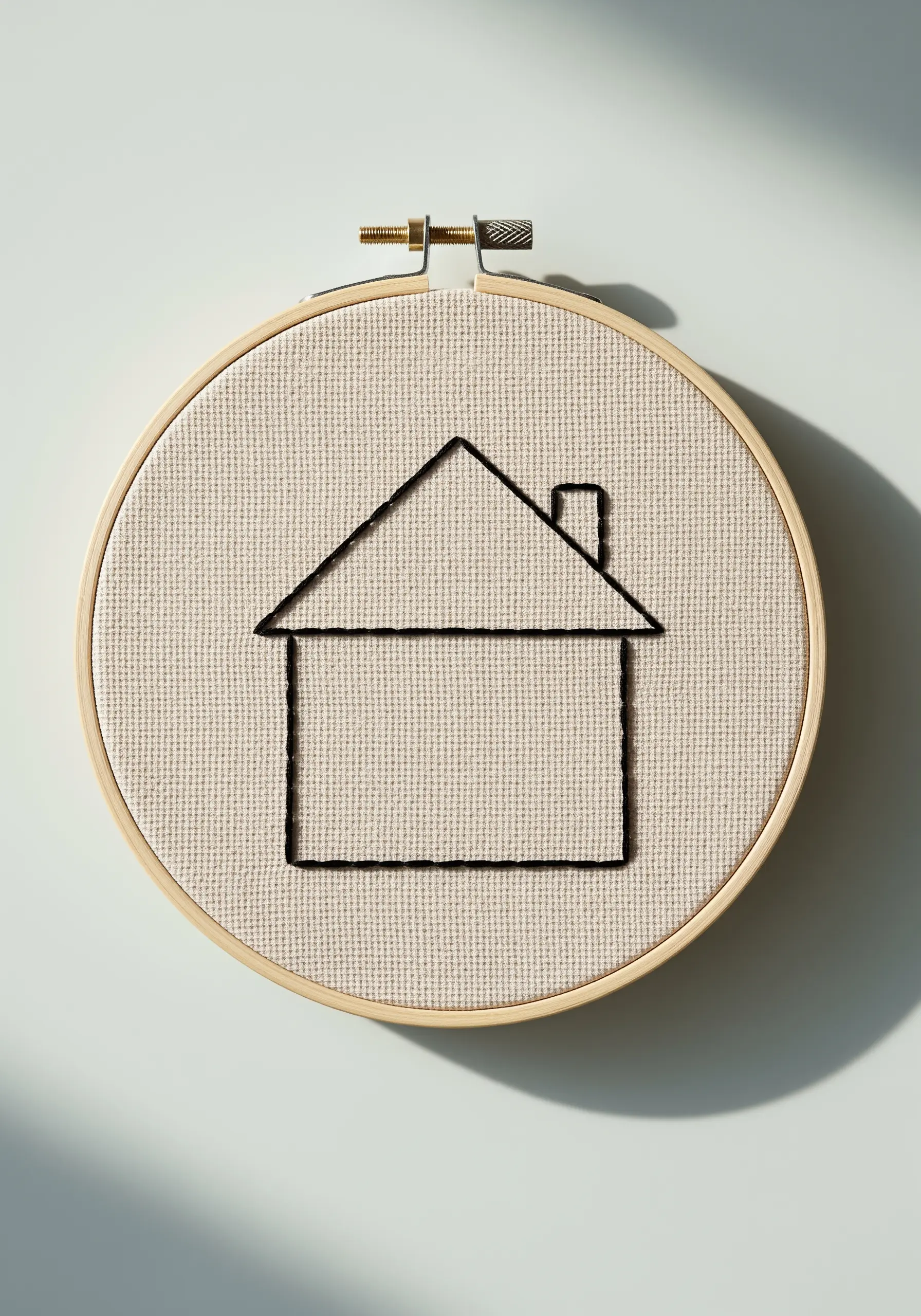 A simple, clean outline of a house embroidered in black thread on canvas.