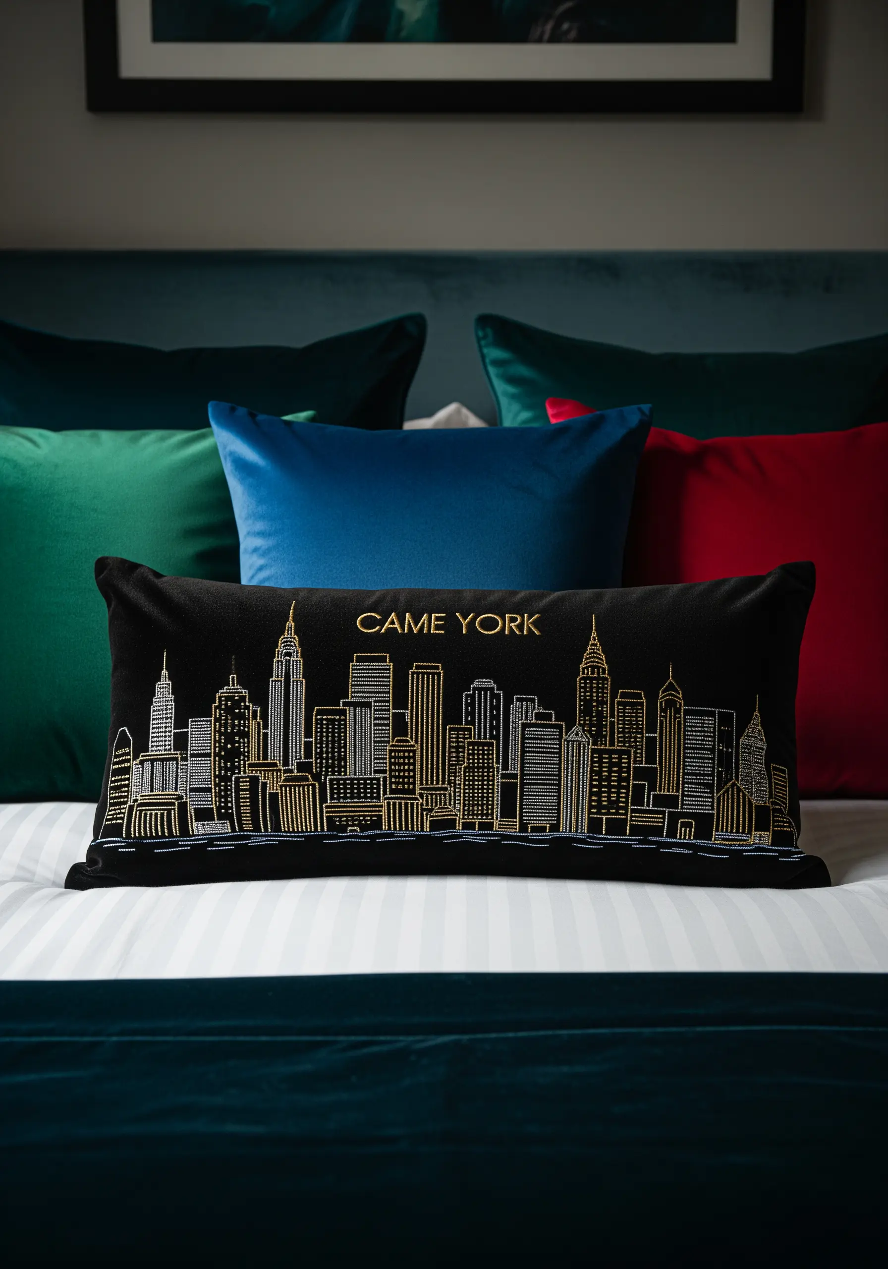 A black lumbar pillow with a gold and silver embroidered skyline of New York City.