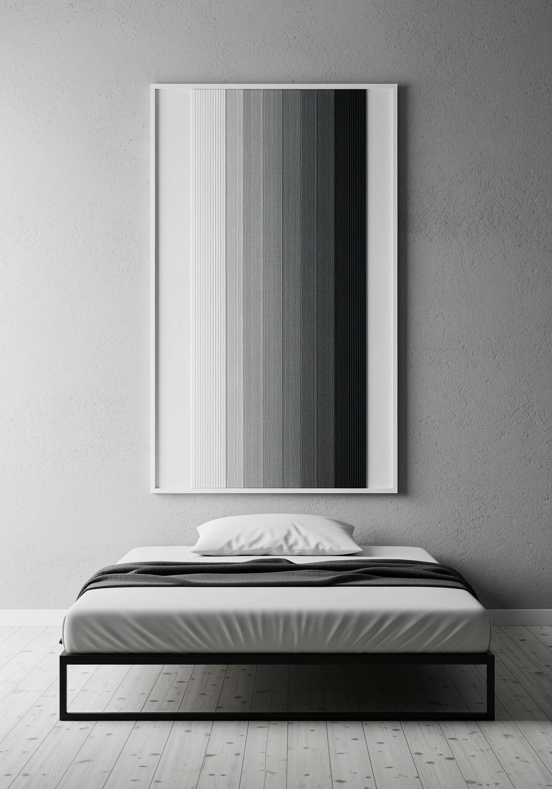 Framed vertical thread art creating a smooth grayscale gradient.