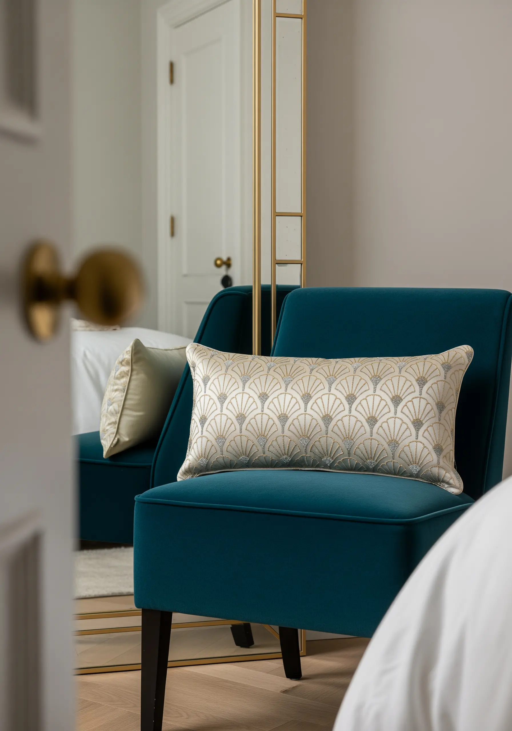 An Art Deco fan pattern embroidered in cream and metallic gold thread on a pillow.