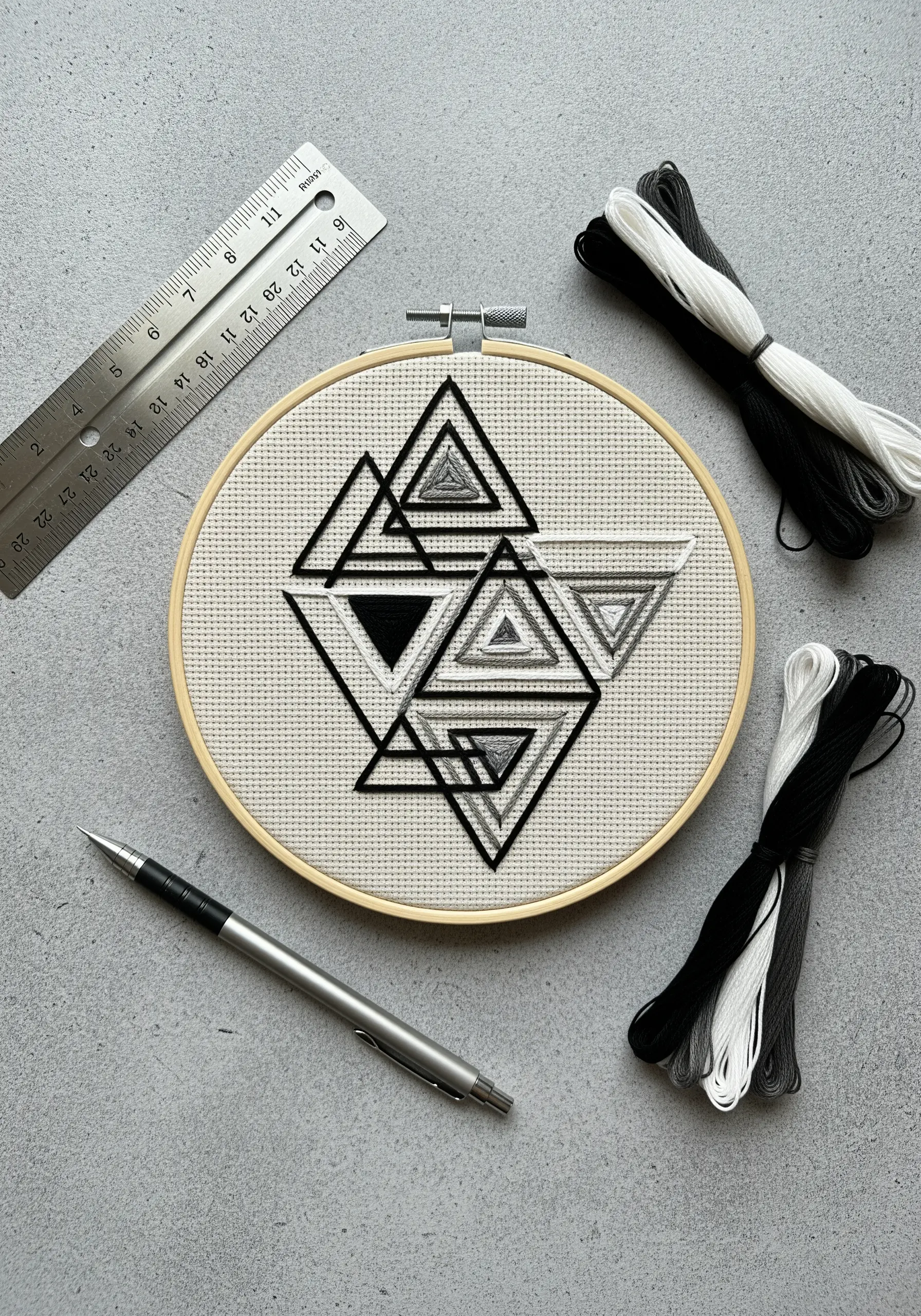 Black, white, and grey geometric triangle embroidery with varied satin stitch fills.