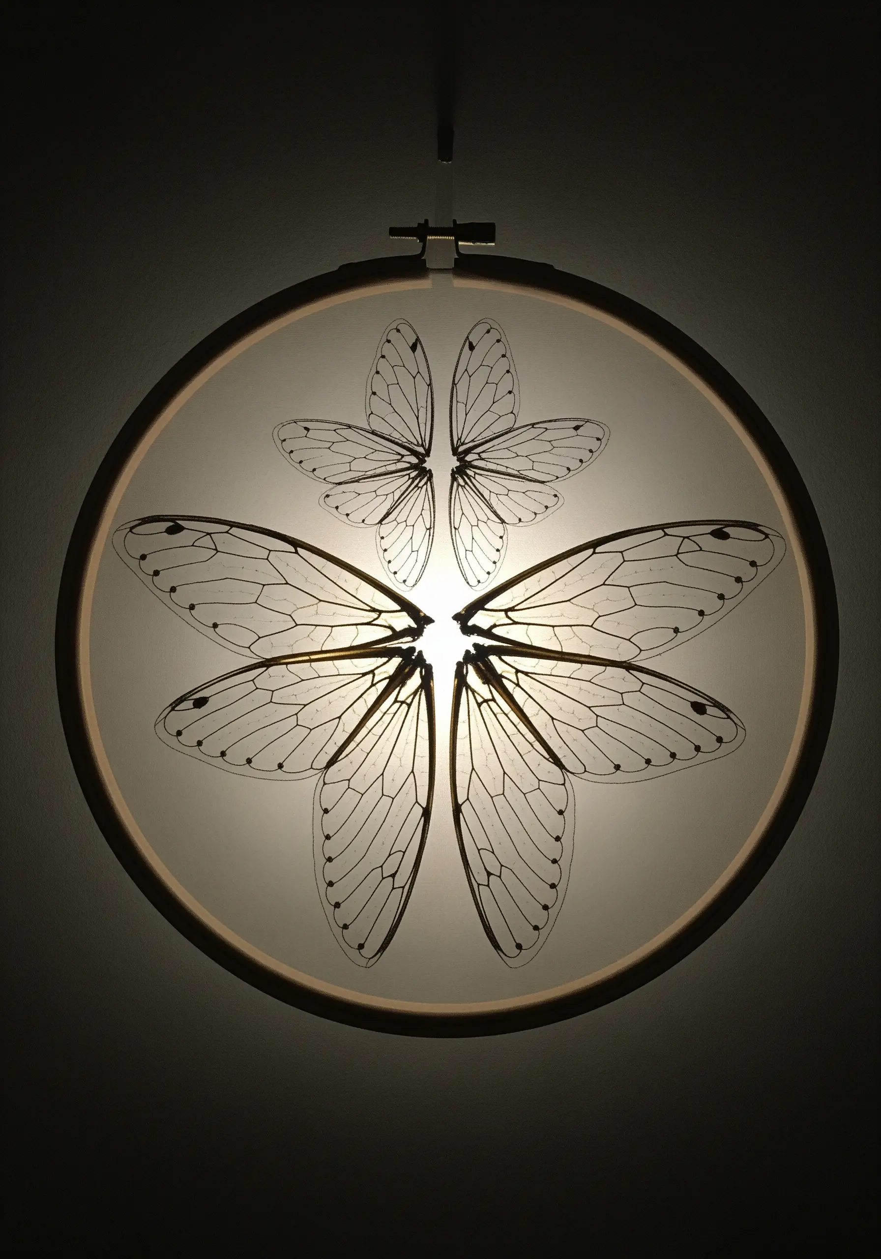 Delicate black line embroidery of insect wings on sheer fabric, backlit in a hoop.