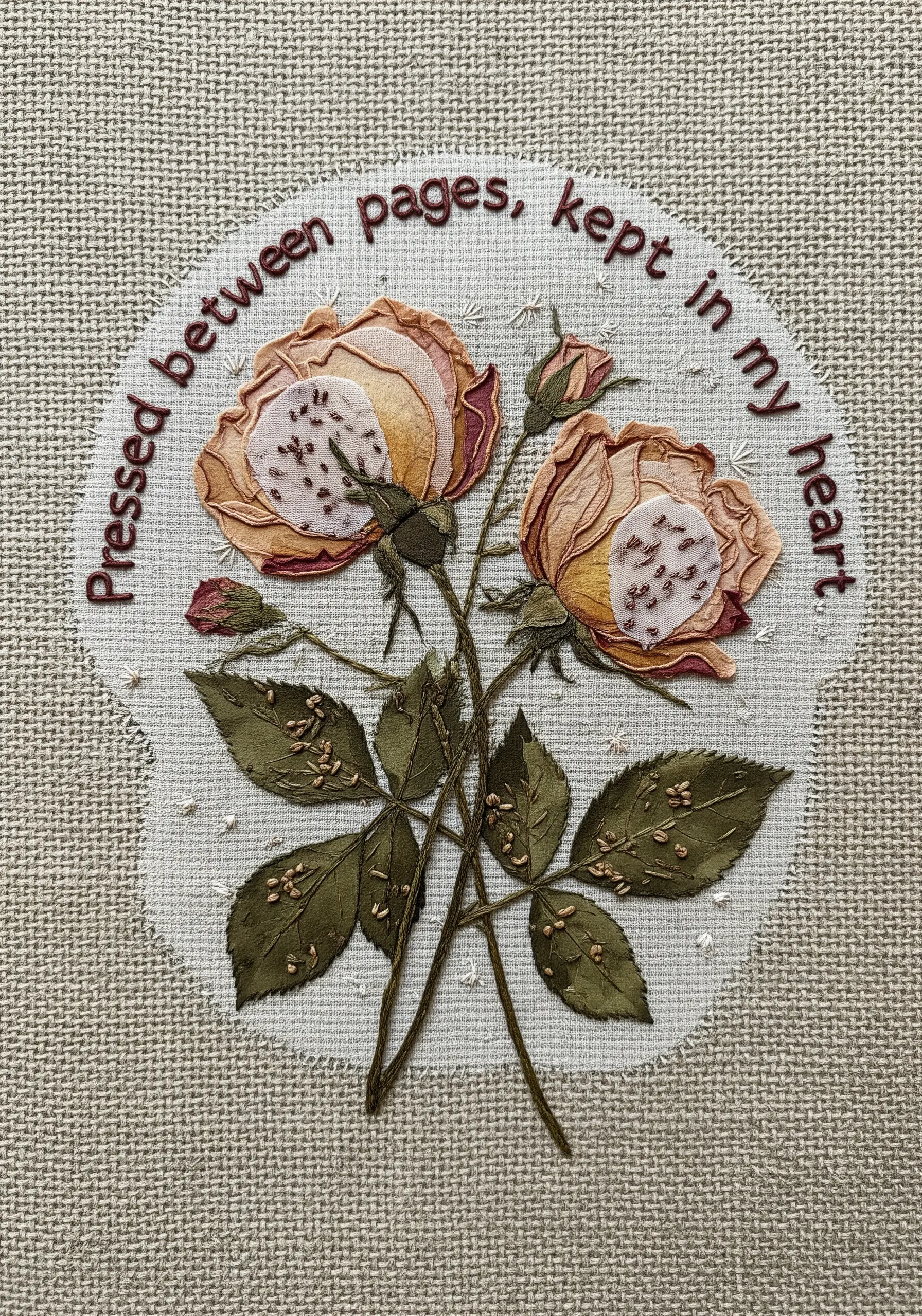 Embroidery of pressed and dried roses using fabric appliqué and seed stitches for a realistic effect.