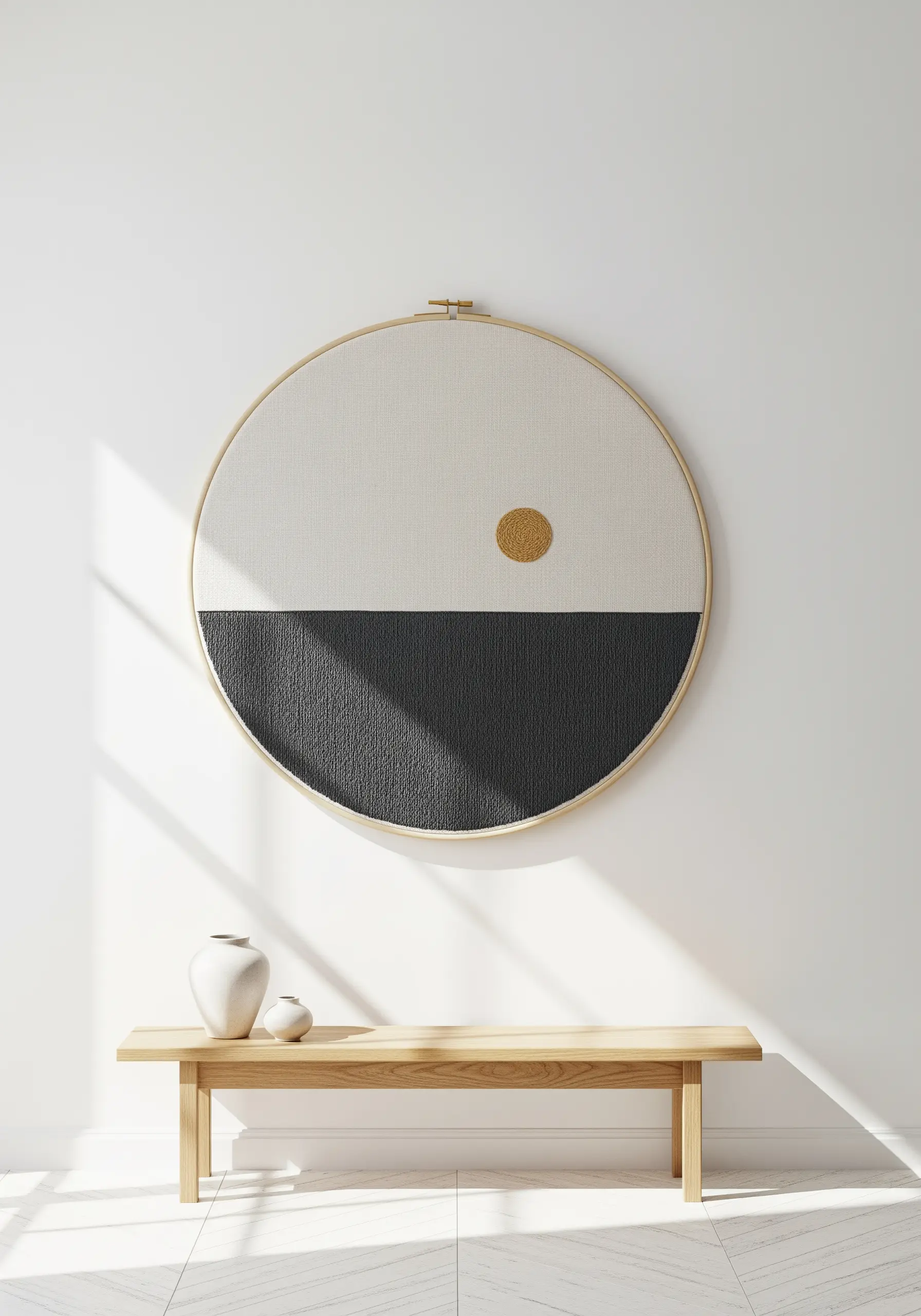 Oversized embroidery hoop with minimalist color-blocked landscape in black and beige.