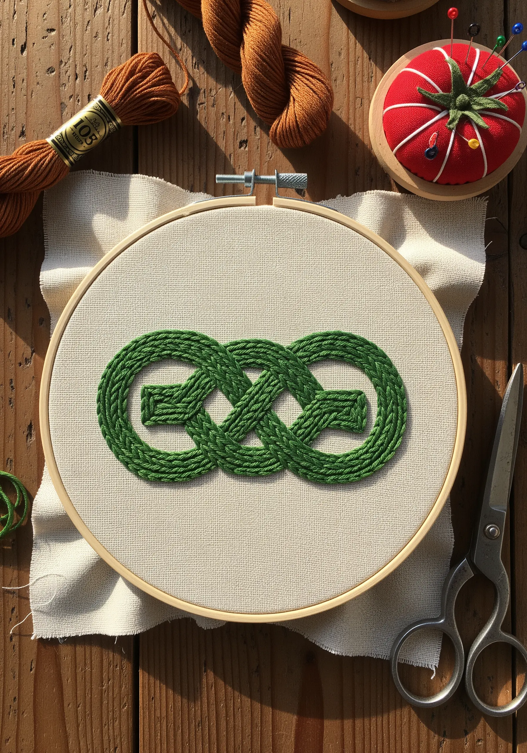 A green Celtic knot with a raised, three-dimensional woven texture on beige fabric.