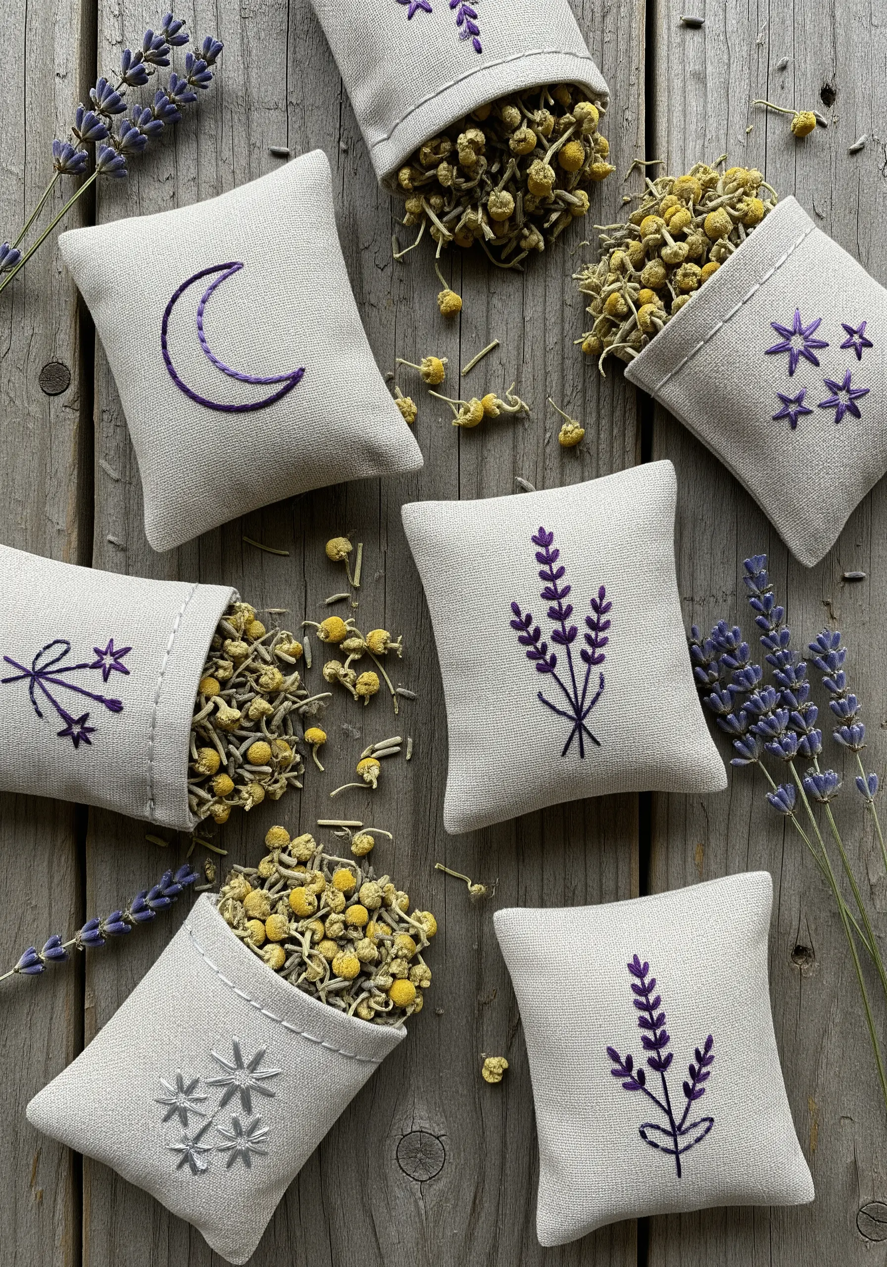 Small linen sachets with minimalist embroidery of lavender, moons, and stars.