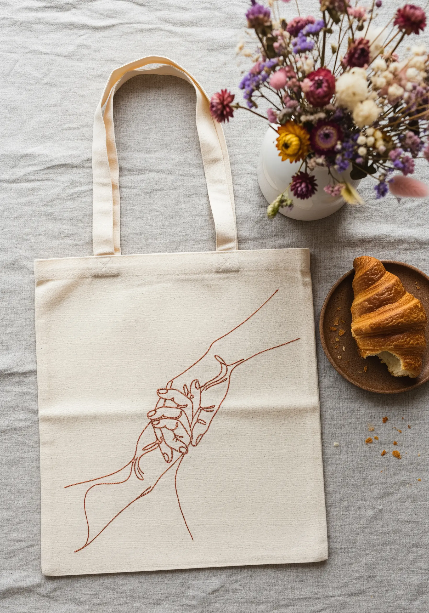 Two hands holding, embroidered in a single continuous terracotta-colored line.