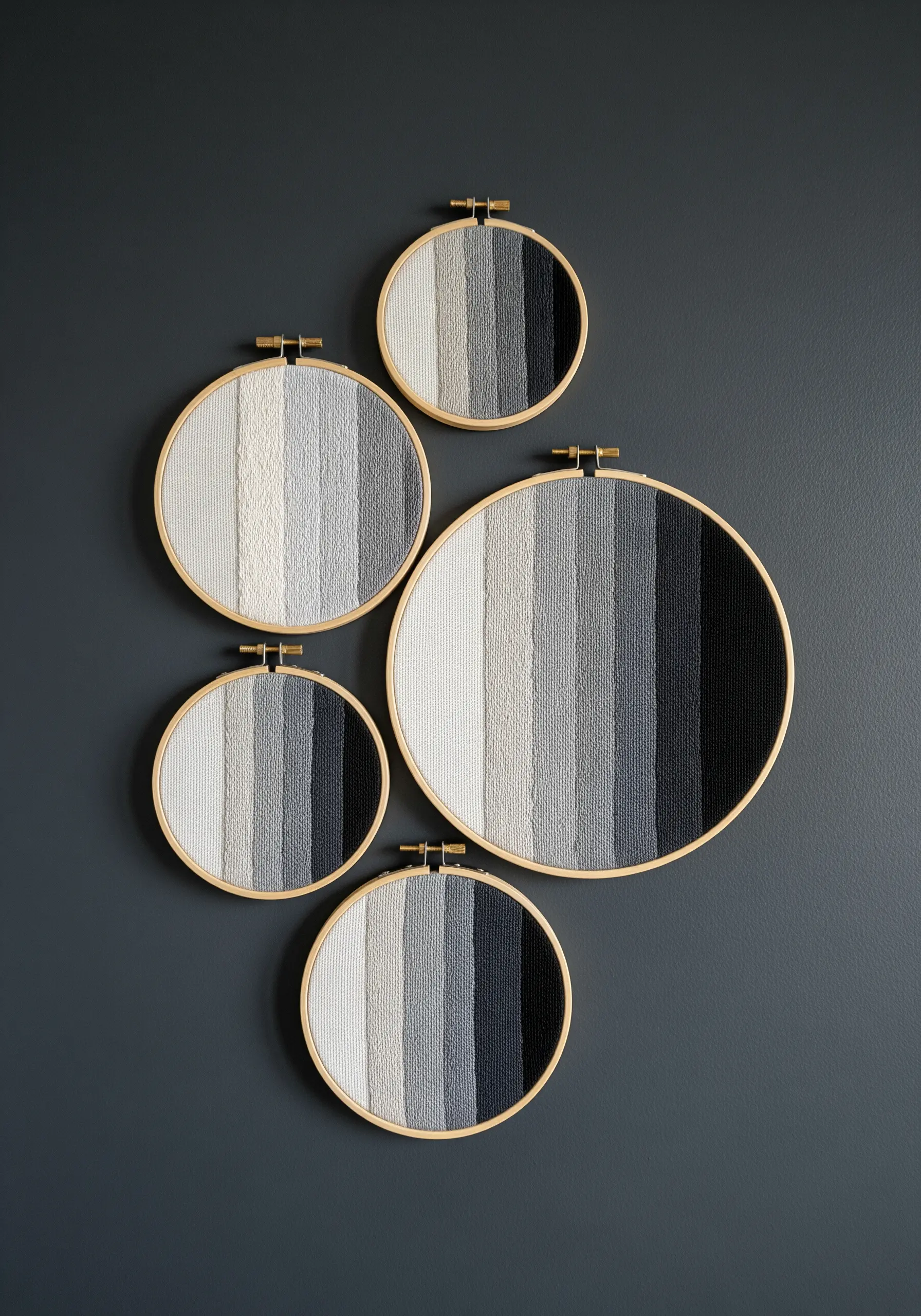 A cluster of five embroidery hoops with grayscale gradients against a dark wall.