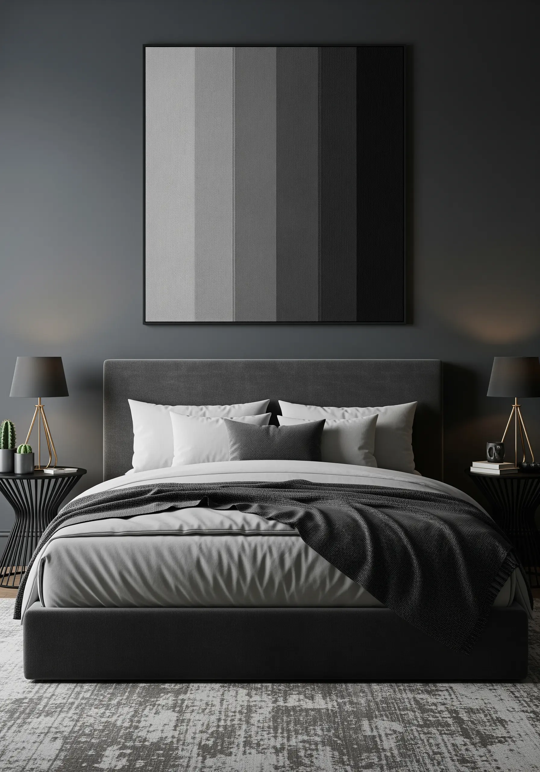 Large framed art with five distinct vertical blocks of color in a grayscale gradient.