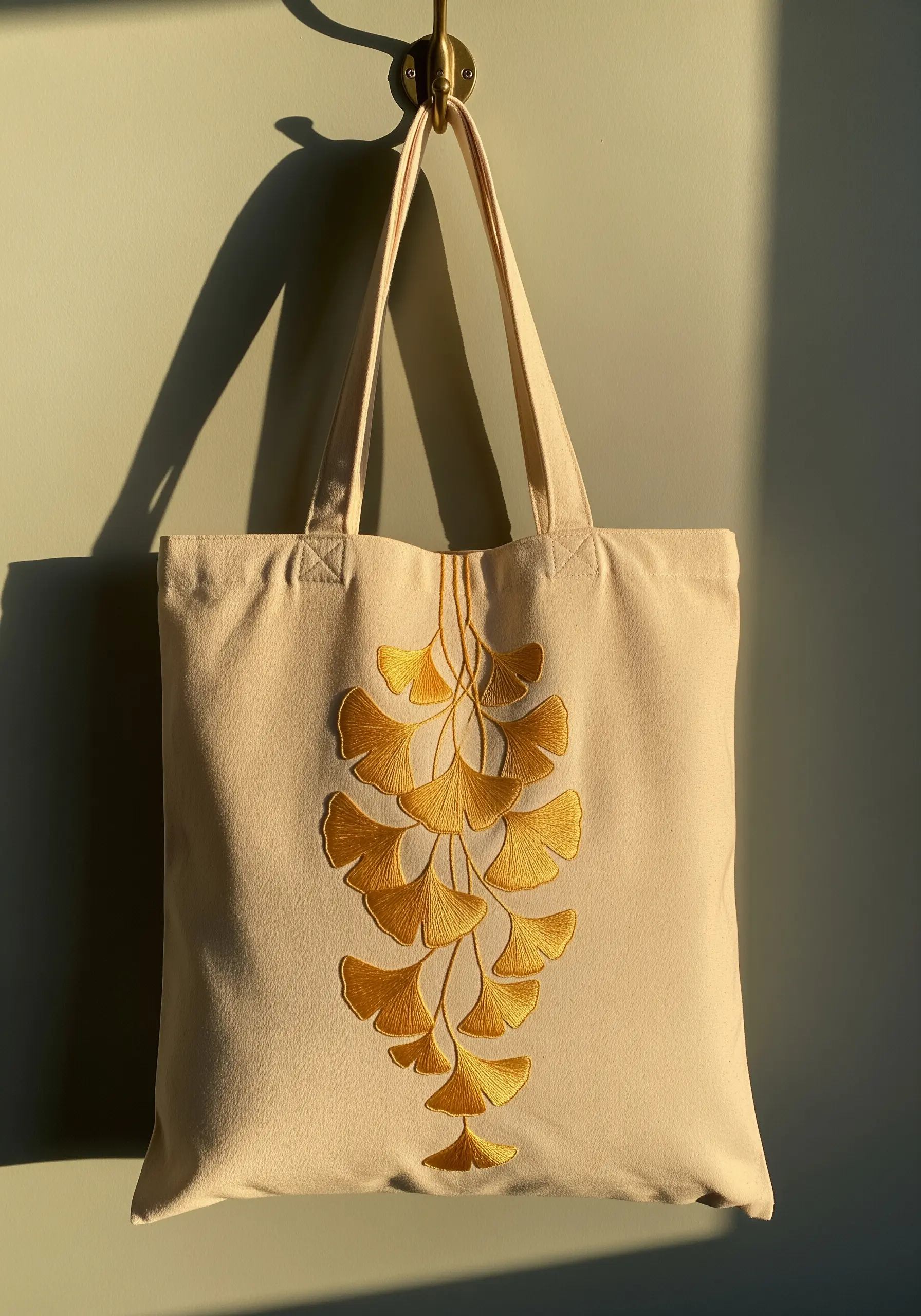 Golden satin stitch ginkgo leaves cascading down a neutral canvas tote bag.