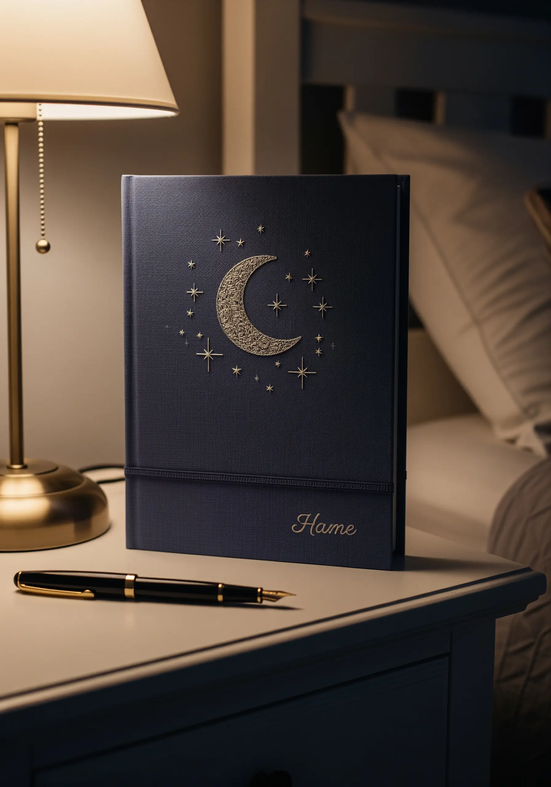 A navy blue journal with a crescent moon and stars embroidered in gold and silver thread on the cover.