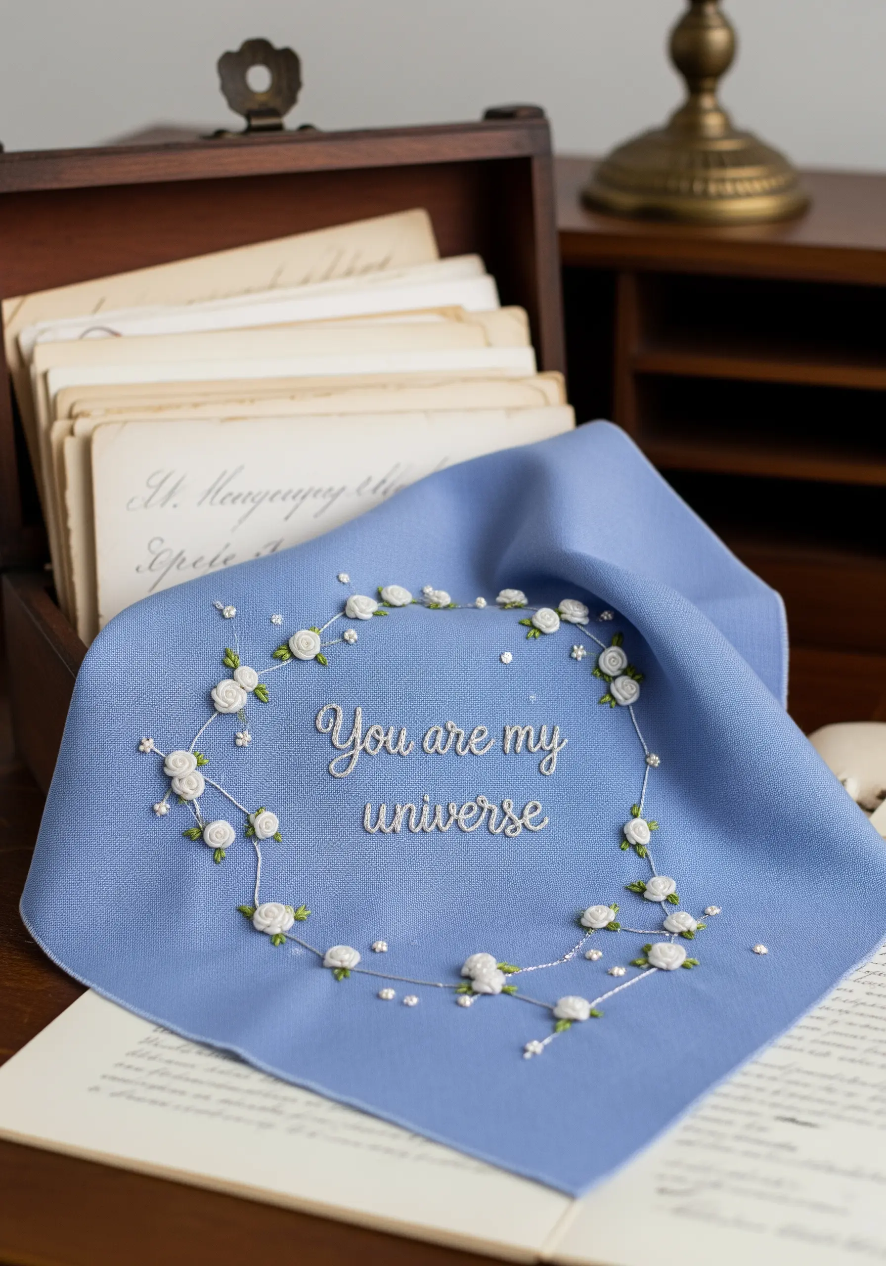 A delicate wreath of tiny white roses connected like a constellation on blue fabric.