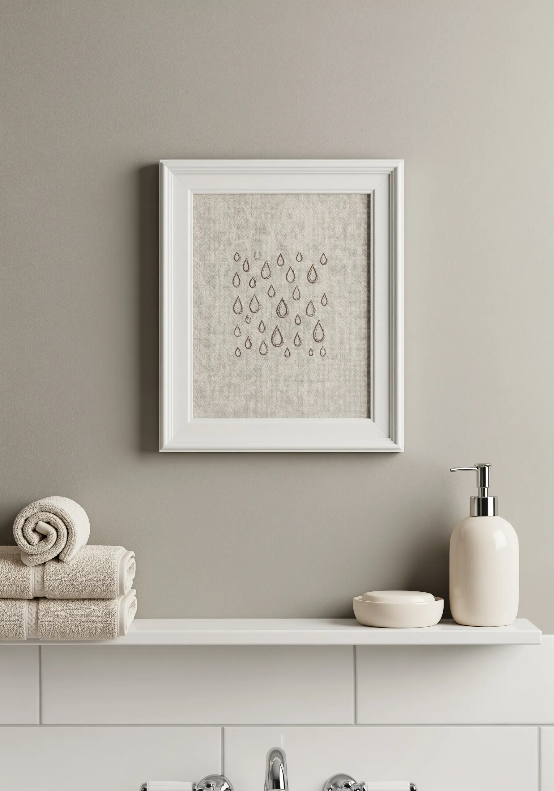 Framed embroidery of minimalist raindrops outlined in taupe thread on a neutral background.