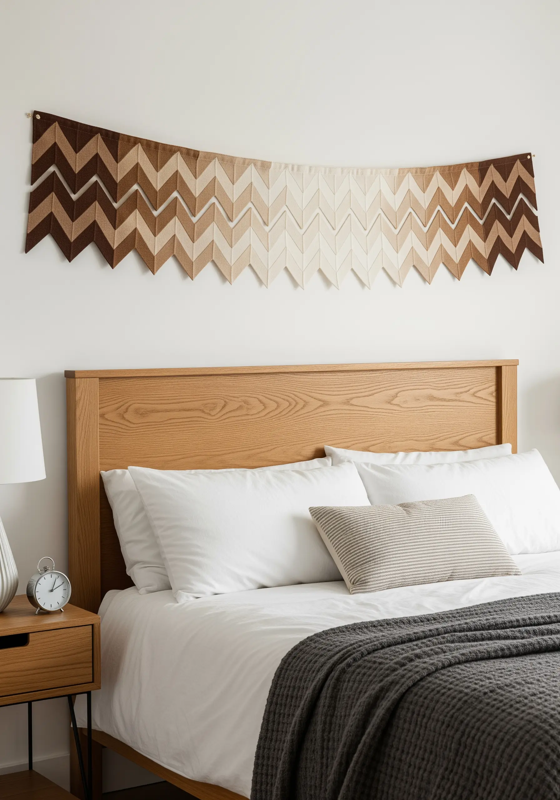 A long, chevron-patterned banner hanging above a bed in a brown-to-cream gradient.