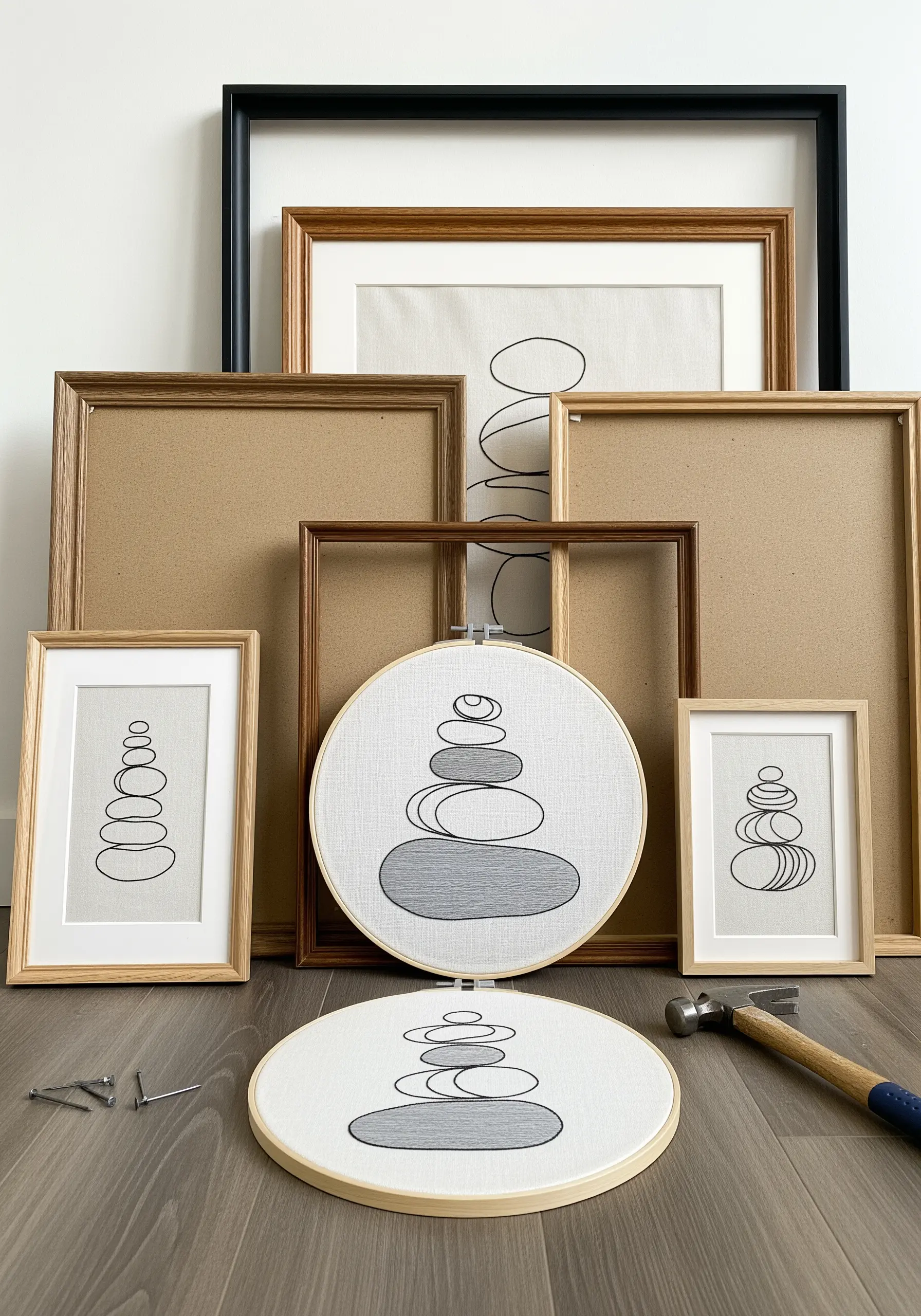 A collection of framed embroidery pieces featuring stacked zen stones.