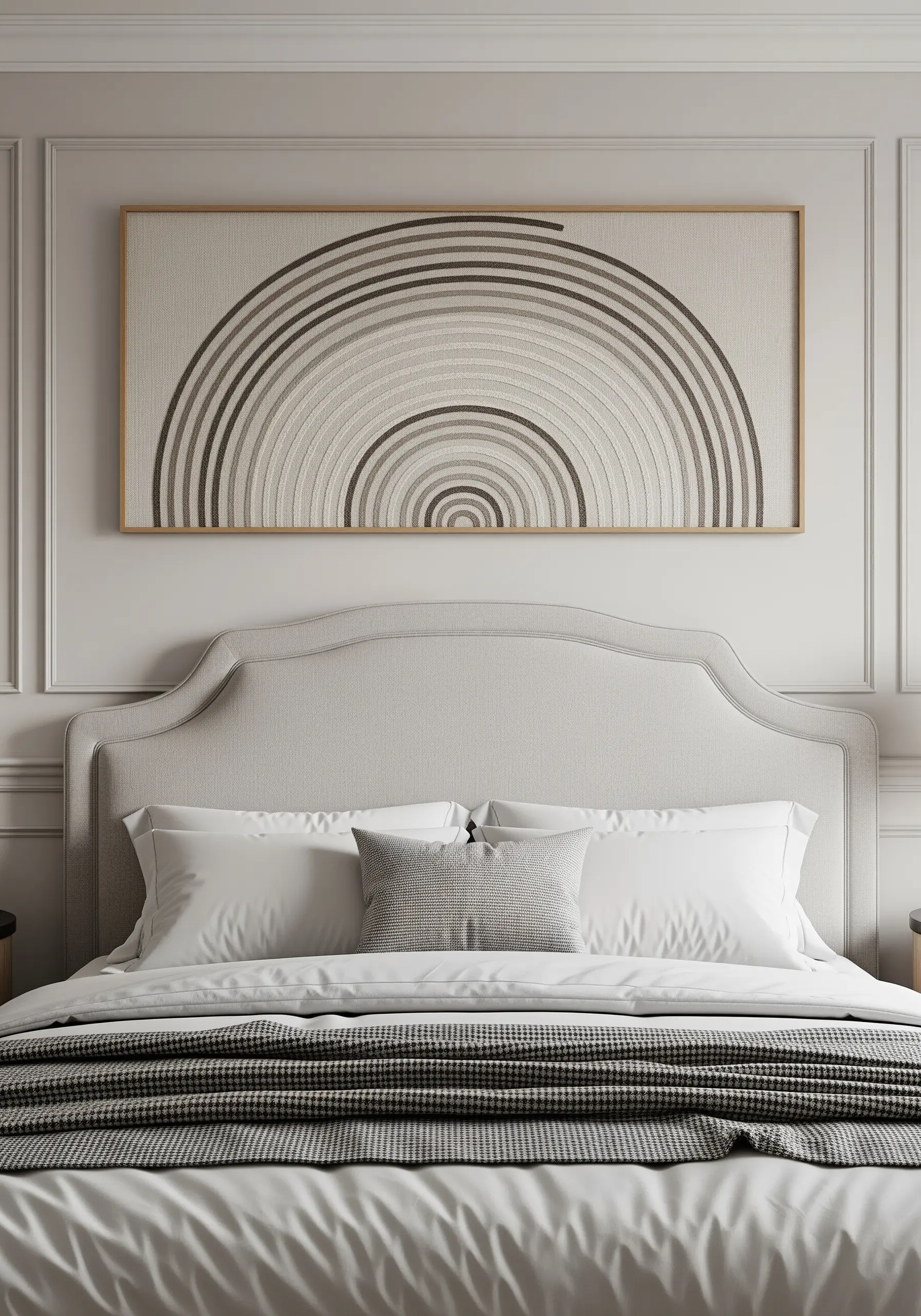 Framed embroidery of a large half-circle made of concentric arcs in a grayscale gradient.