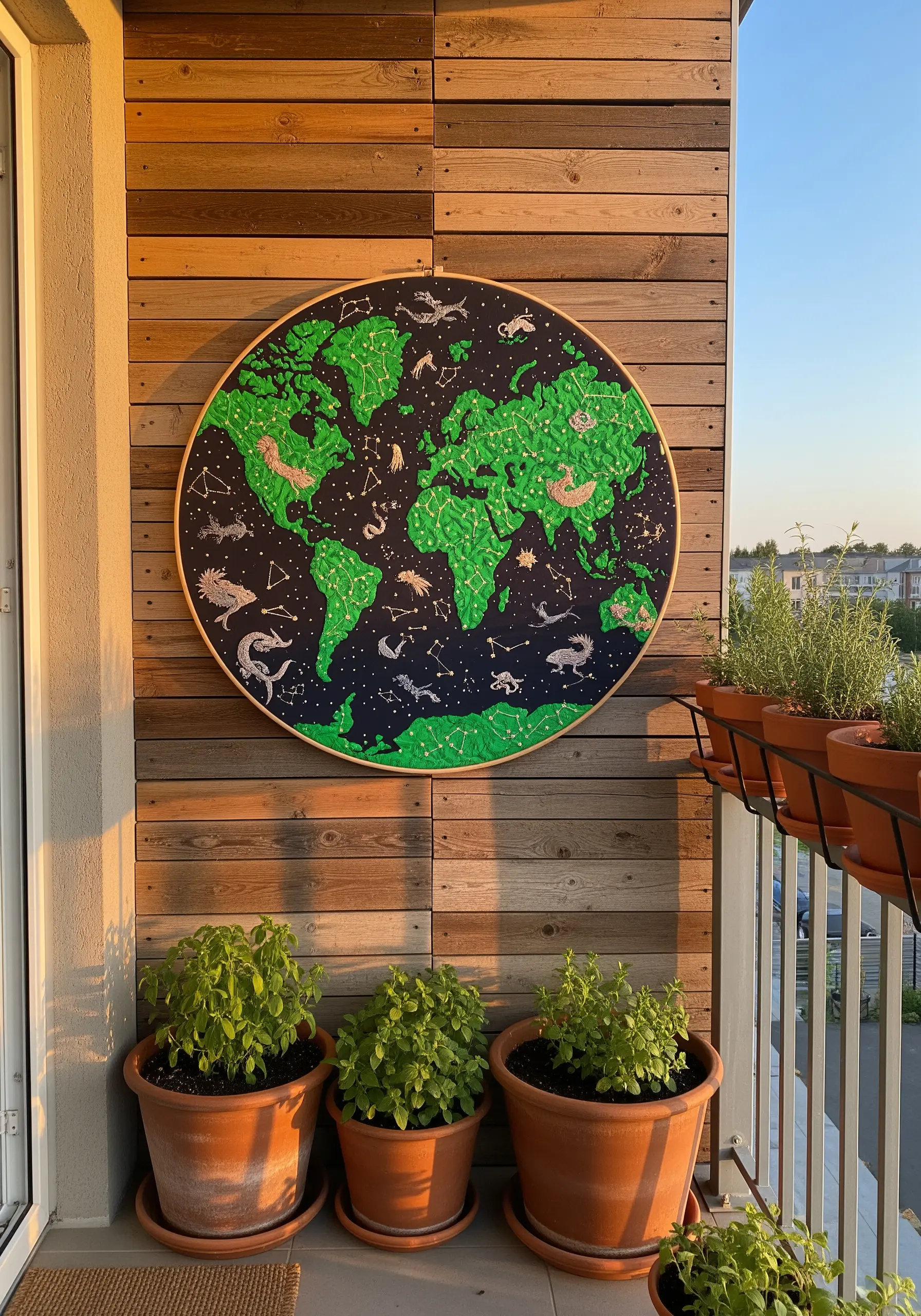 Large circular embroidery of a world map with constellations on a wooden wall.