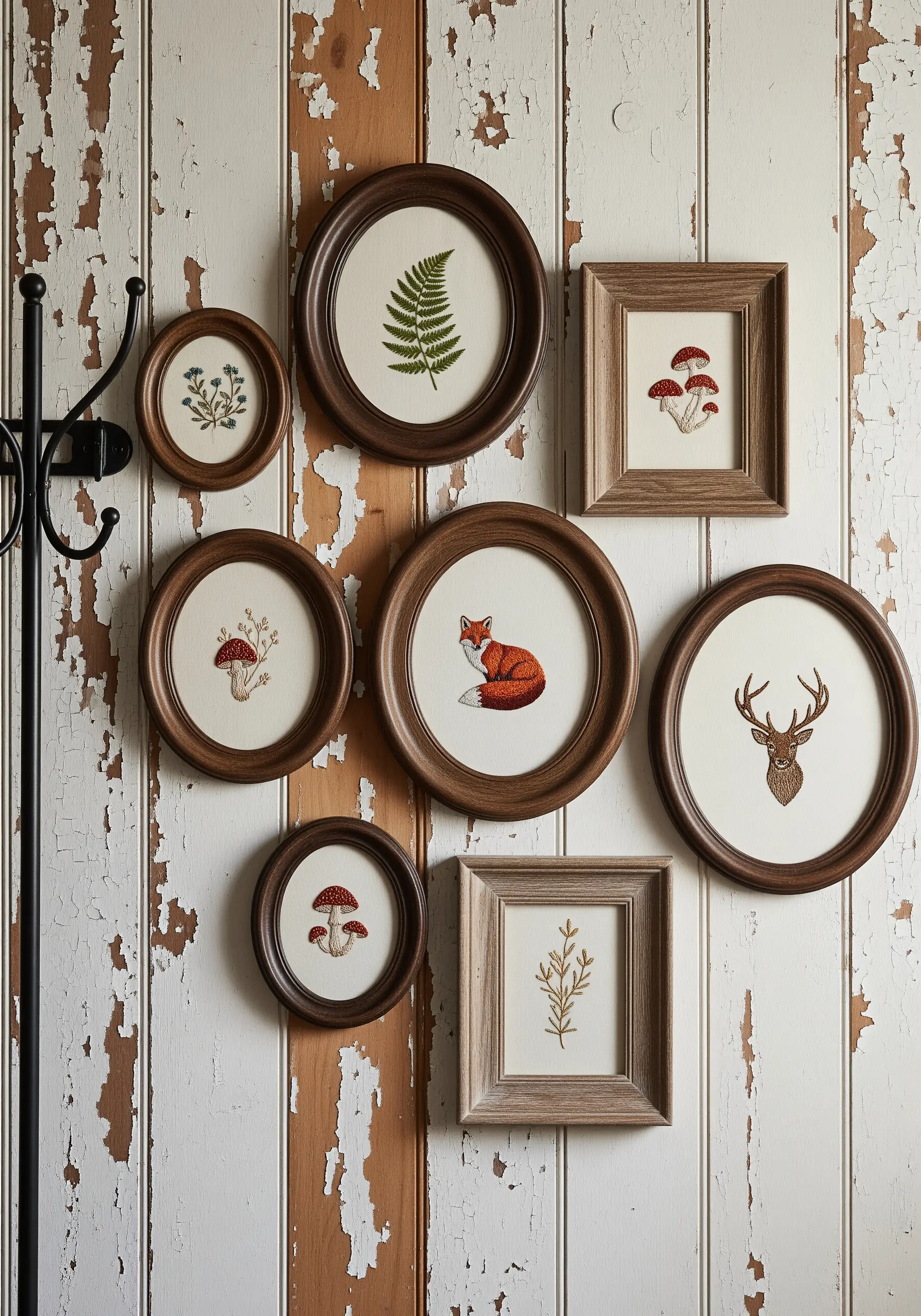 A gallery wall of framed embroidery featuring woodland motifs like a fox, deer, and ferns.
