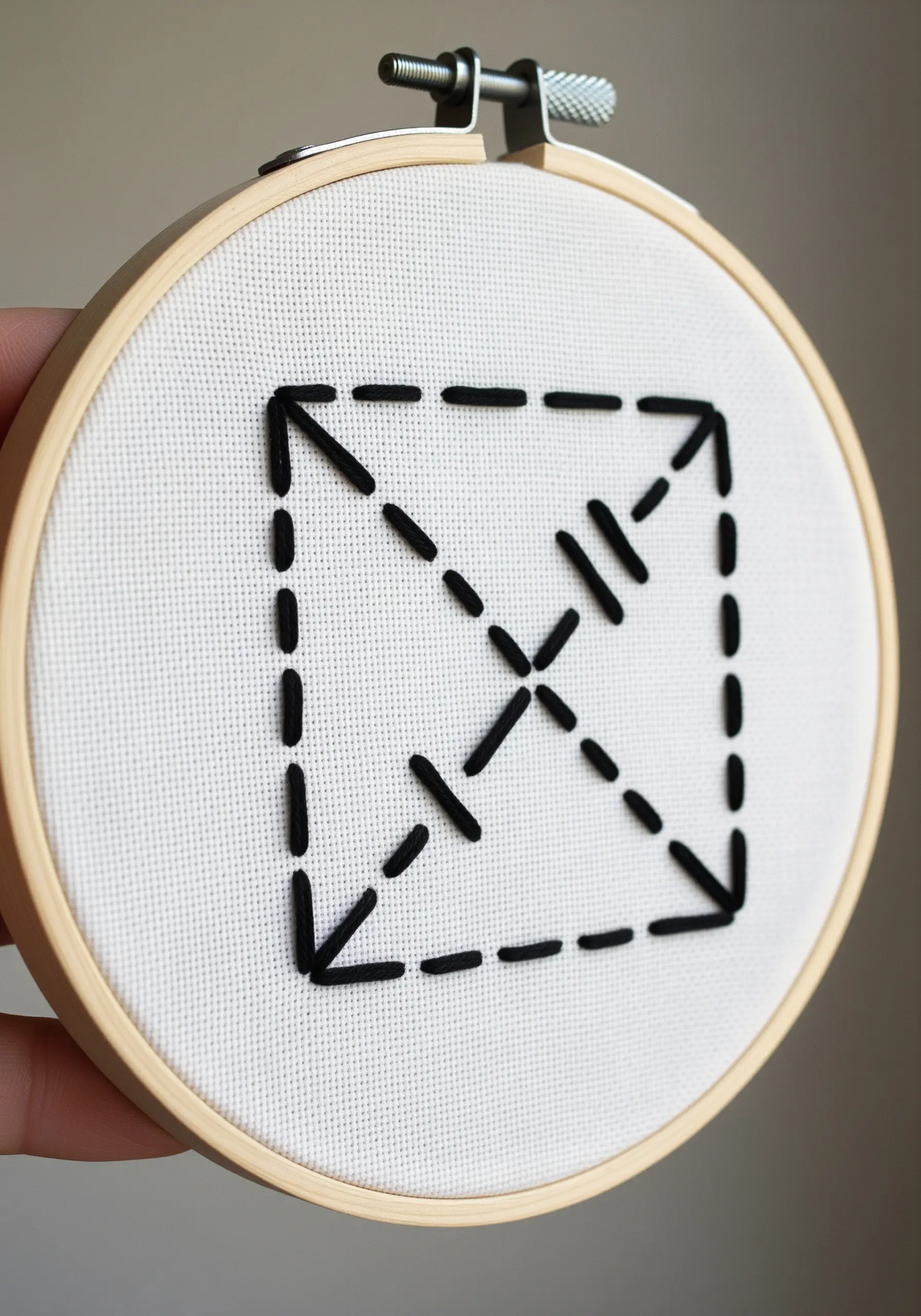 A geometric square and arrow design made from black dashed and solid lines.