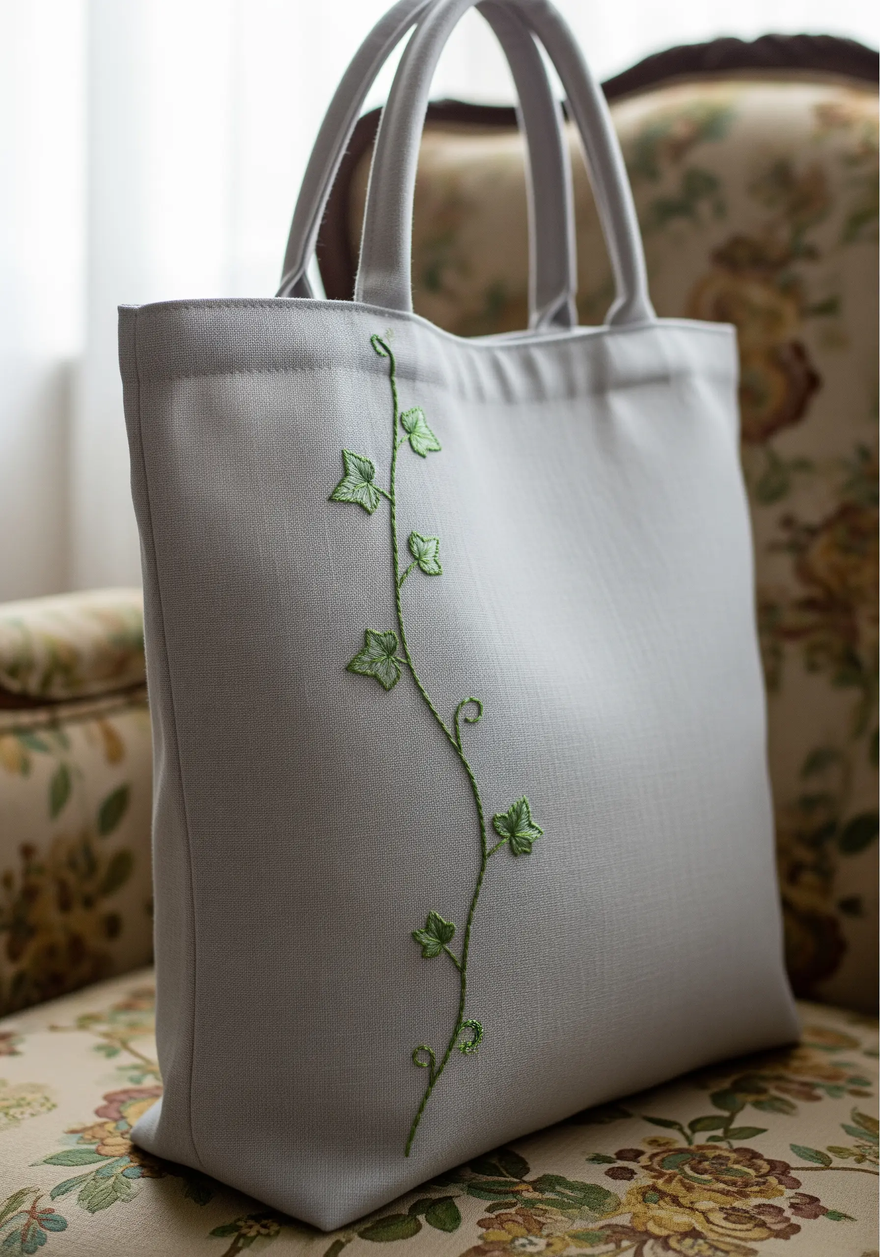 A delicate green ivy vine embroidered with stem stitch along the side of a grey tote bag.