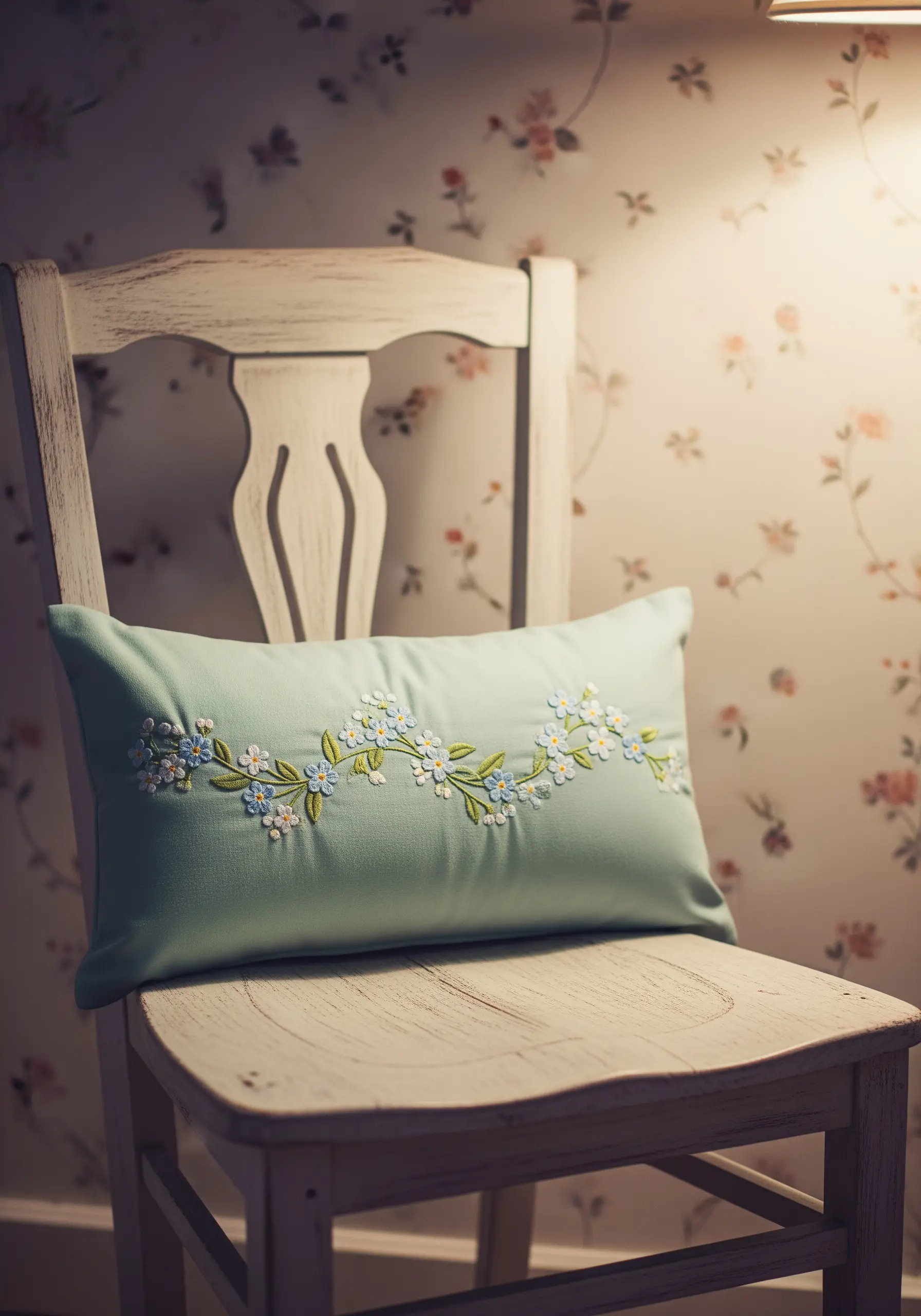A vine of delicate blue and white forget-me-not flowers on a mint green pillow.