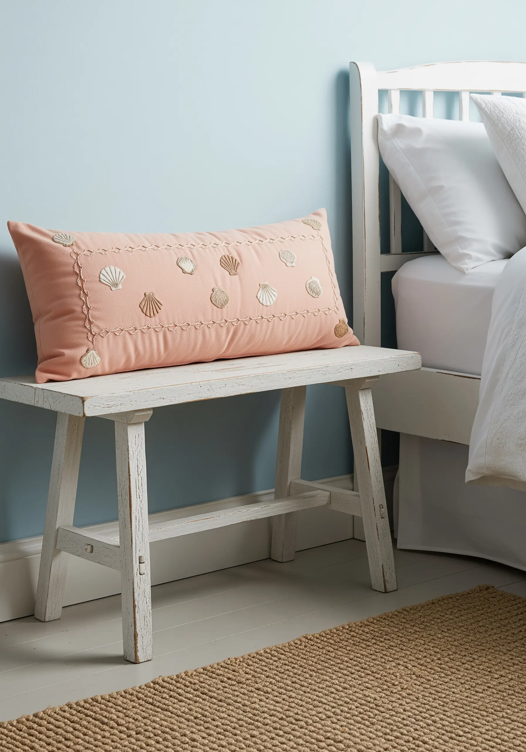 Small embroidered seashells scattered across a coral pink lumbar pillow.
