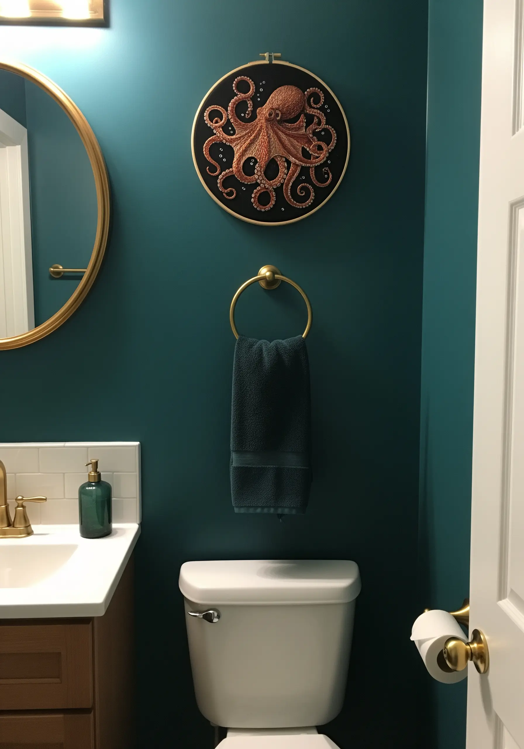 A highly detailed, textured octopus embroidered on black fabric.