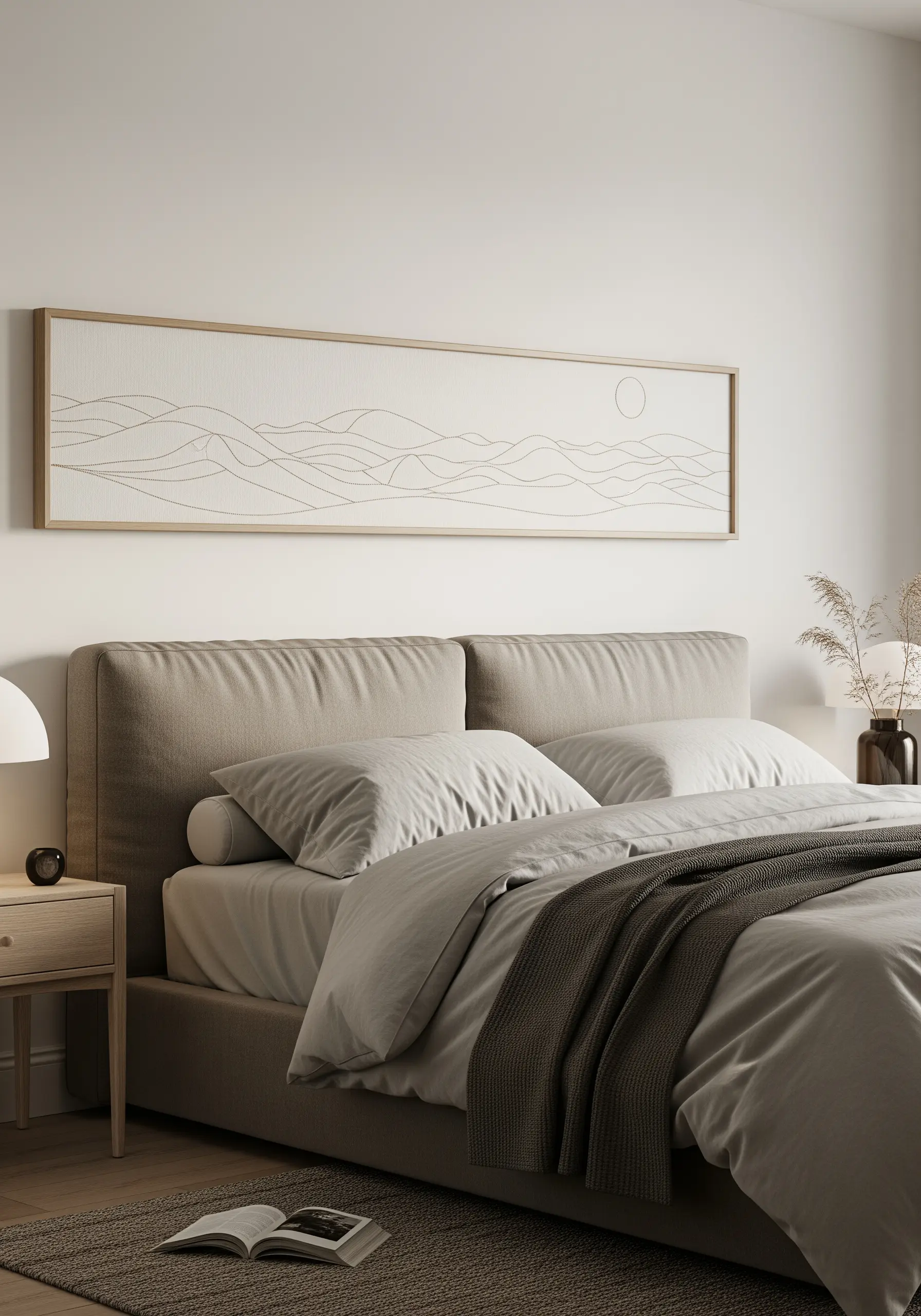 Minimalist line art embroidery of a landscape and sun, framed above a bed.