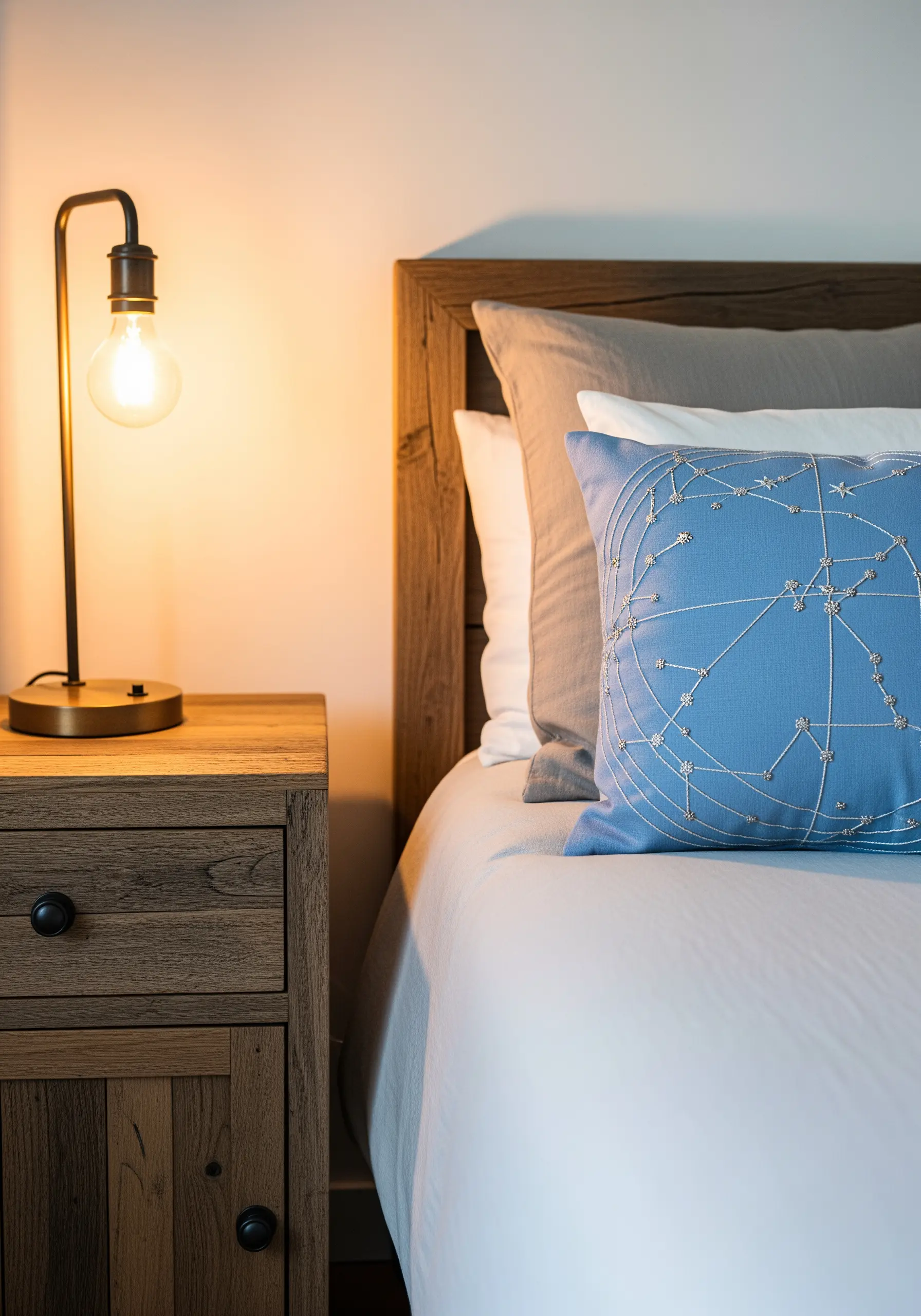 An embroidered constellation map in white thread on a blue pillow.
