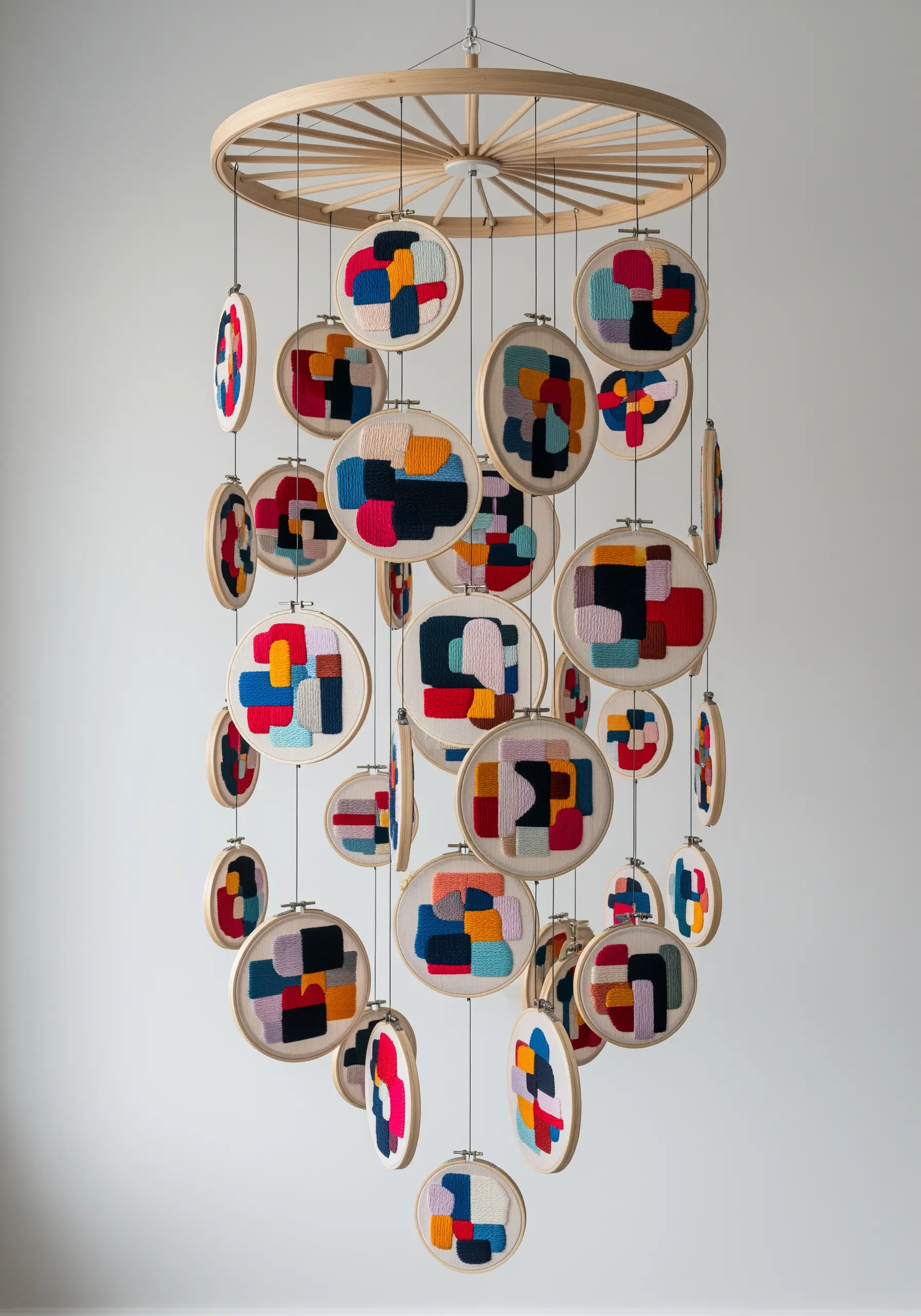 A hanging mobile made of dozens of small embroidery hoops with colorful abstract block designs.