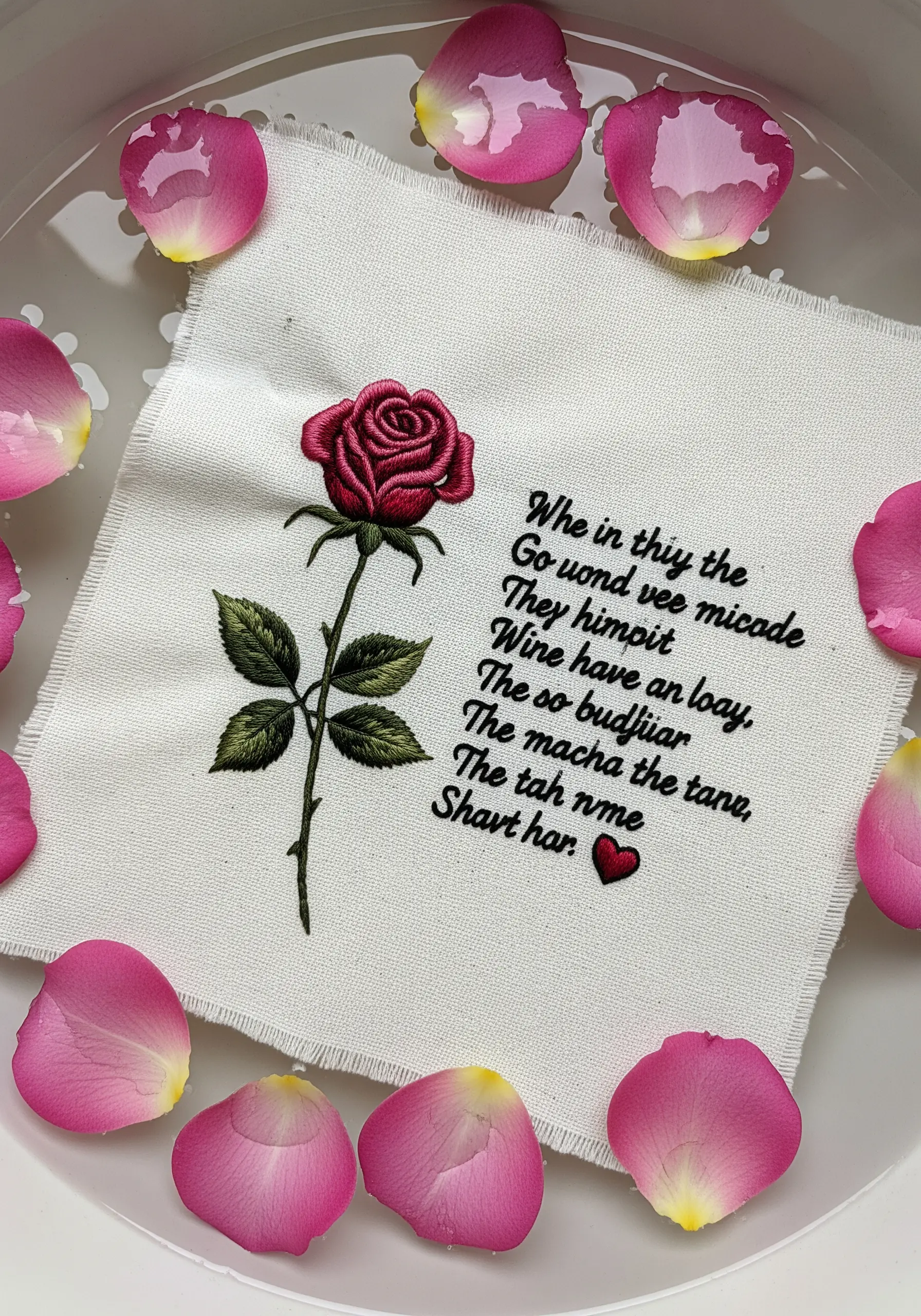 A single embroidered rose next to a block of embroidered text, resembling a poem on a page.