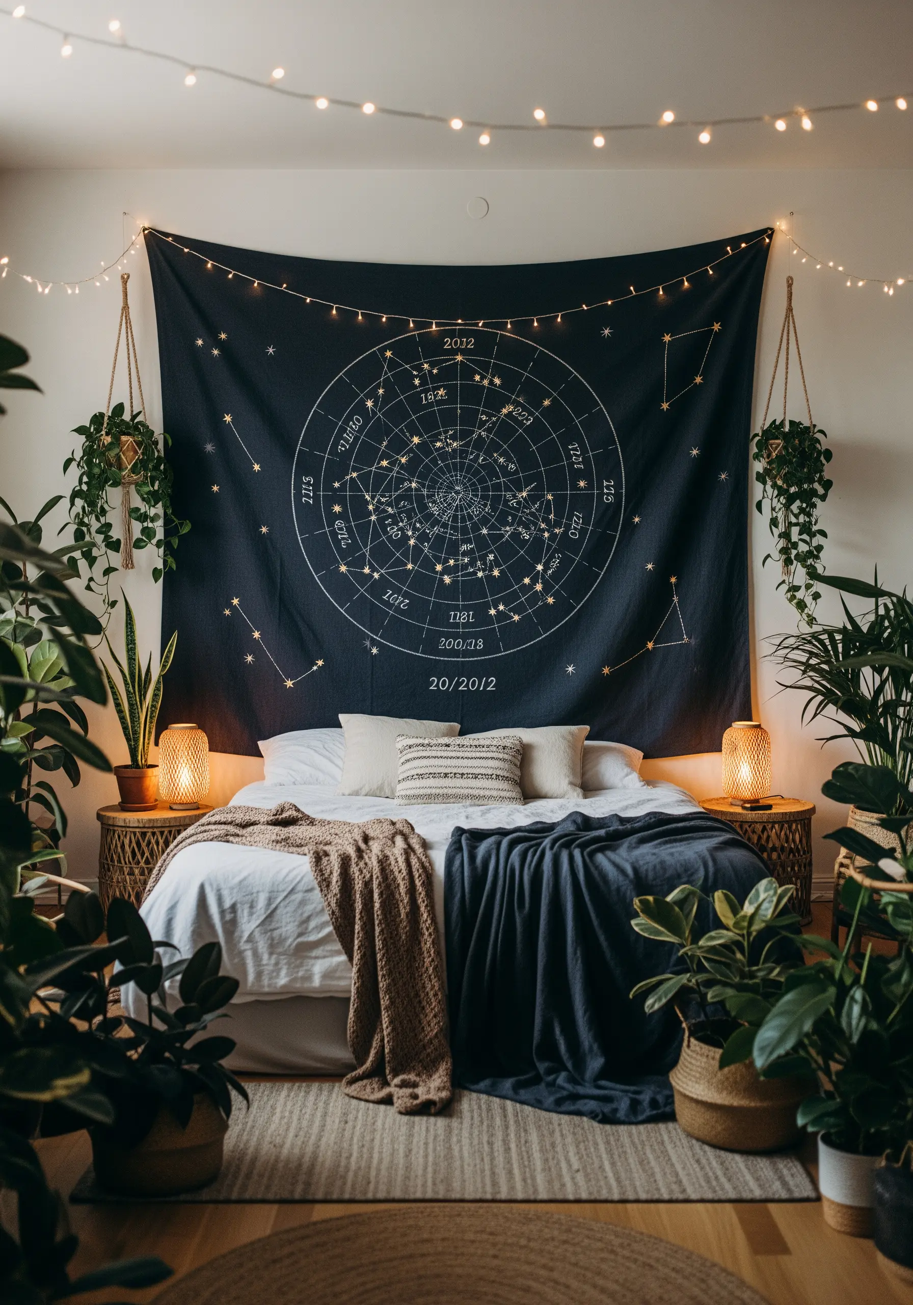 A large dark tapestry with an embroidered celestial star chart hanging over a bed.