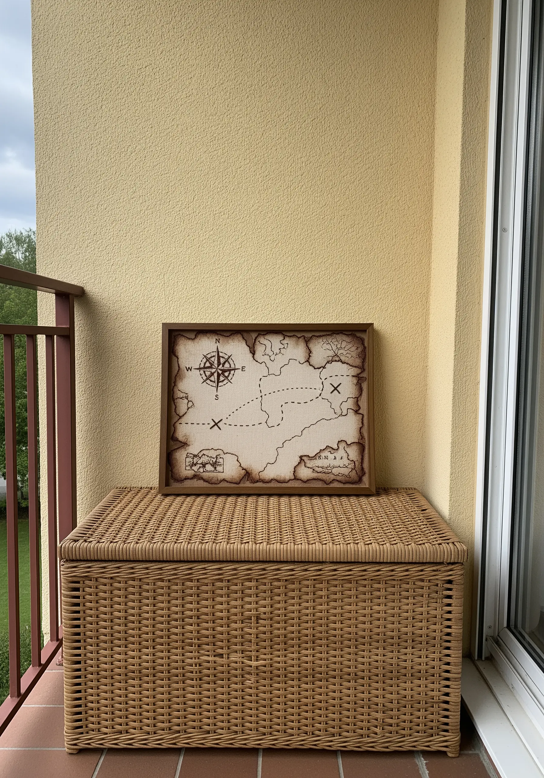 An embroidered treasure map on stained fabric with burnt edges.