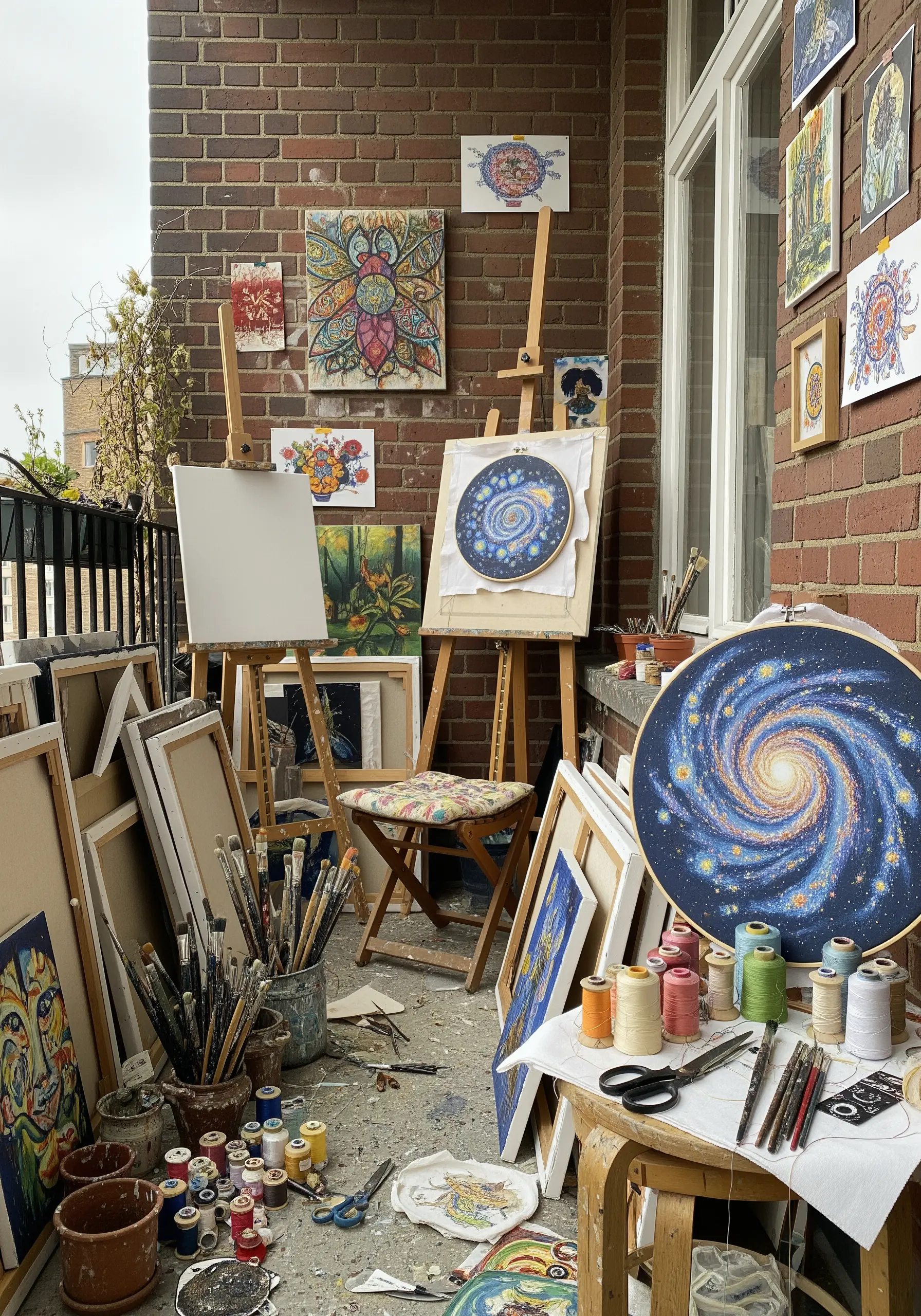 An artist's balcony filled with embroidery supplies and celestial-themed artworks.